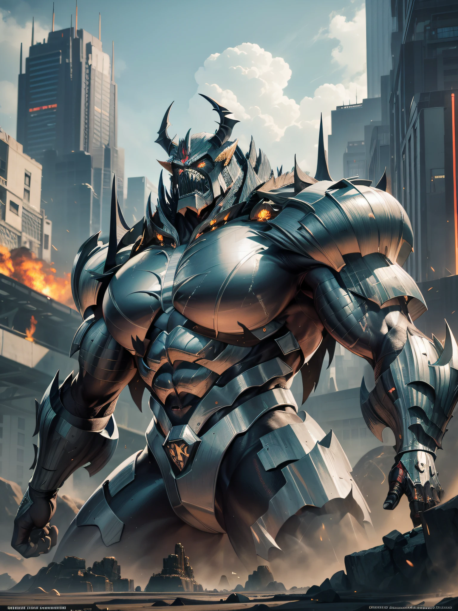(masterpiece), perfect texture, extraordinary visual effects, super detailed King Kong Behemoth, the whole body has amazing muscle lines, black shiny and textured skin, metallic arms covered with green crystals in a state of energy convergence, huge head with shimmering eyes and metal neurons, exuding a strong sense of power, the scene is a barren ruin, the distance is a huge urban skyline, stones and debris are scattered around the behemoth, the sunlight reflects on the muscles of the behemoth through the smoke, A scene that is both terrifying and desirable.