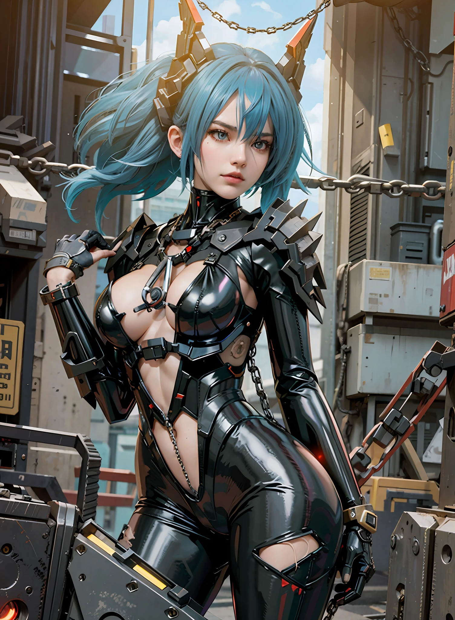 Pokemon inspired, sexy female mech prostitute, Waifu, sexy, large breasts, Dark_Fantasy, in front of a futuristic strip club, viral NFT trending on Pixiv,Cyberpunk,(chain saw,chain saw man,Red:1.1),Mechanical marvel,Robotic presence,Cybernetic guardian, wearing a detailed mech suit, Warframe, intricate, (steel metal [rusty]), elegant, clear focus, shot by greg rutkowski, soft lighting, vibrant colors, masterpiece, ((street)), cowboy shot, dynamic pose, breasts exposed, chest exposed, latex body suit torn, action scene, Lolita waifu, one girl