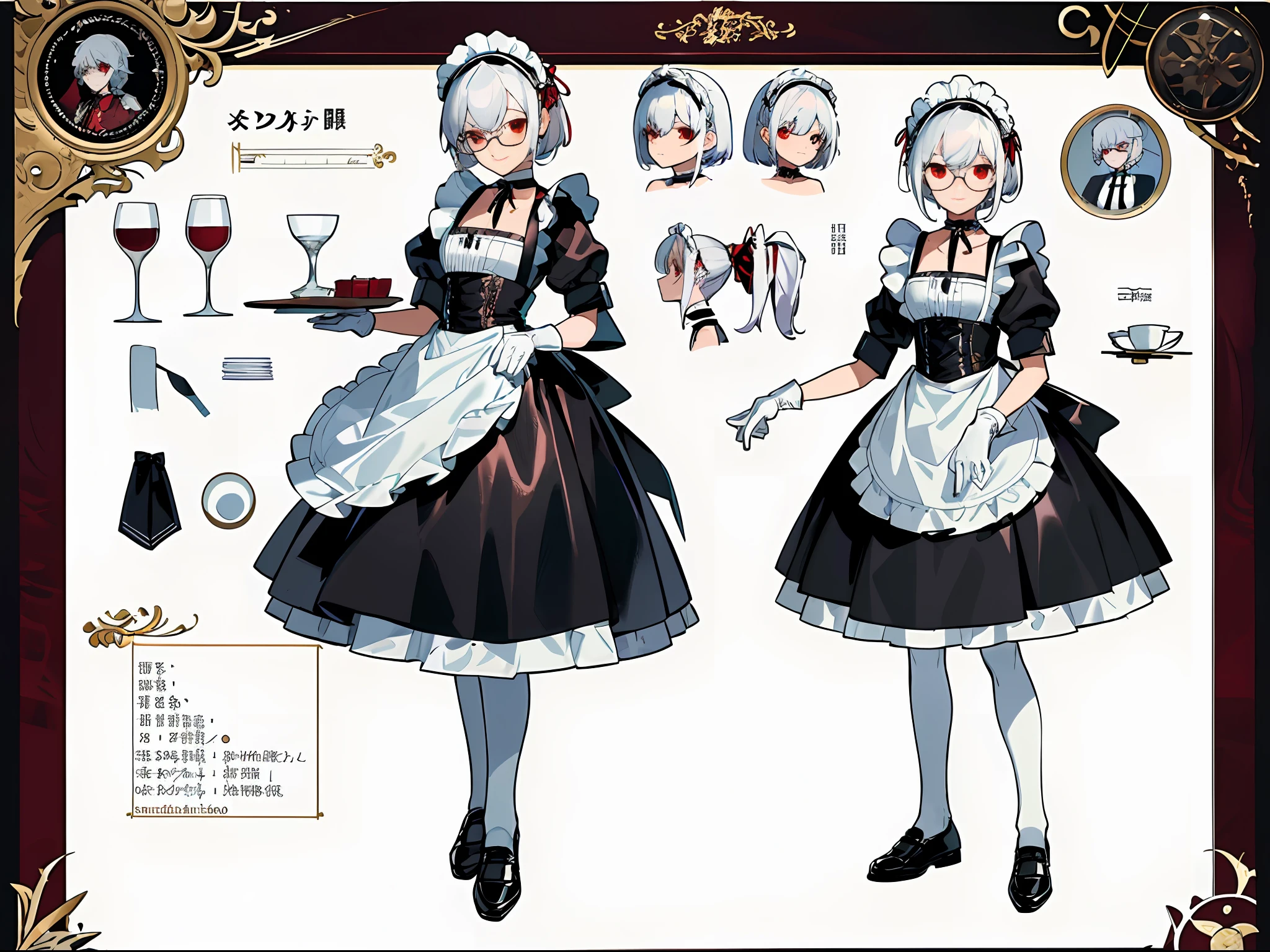 (Masterpiece, best quality) detailed, character sheet, character sheet, many items (the same person, maid headdress, maid apron, choker, black leather shoes, white gloves, wine glasses, plates, decorations, many parts), maid, carefully good-looking red eyes, perfectly good-looking face, white hair, bangs, full of details,