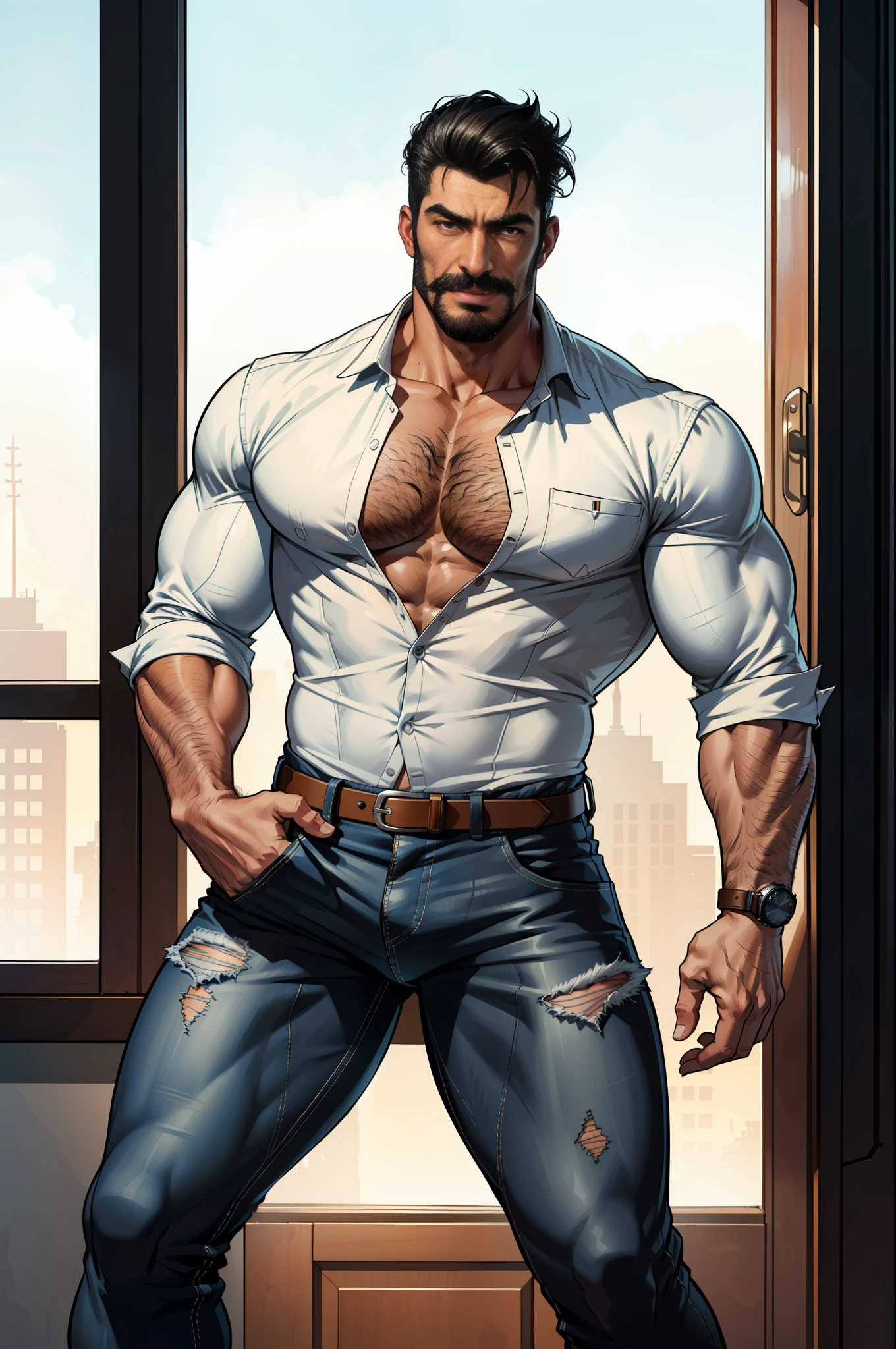 (original-art:1.2),(lineart:1.33), 1male, black hair, 1950s greaser, mature masculine muscular, handsome chisled facial features, muscular hairy body, 70s mustache, unbuttoned ripped white shirt, open shirt, taking his shirt off, un-zipped jeans, opened pants, taking his pants off, pubic hair, huge crotch bulge, sexy, hot, jock, erotic, (hyperdefined),(inked-art), hero-angle, masculine stance, erotica, full body shot, cartoon, indoor, dramatic lighting, sidelighting,complex lighting,(full vibrant colors),hatched-texture,(fine-details:1.2),absurdres,flat-colors,ultradetailed, city street,