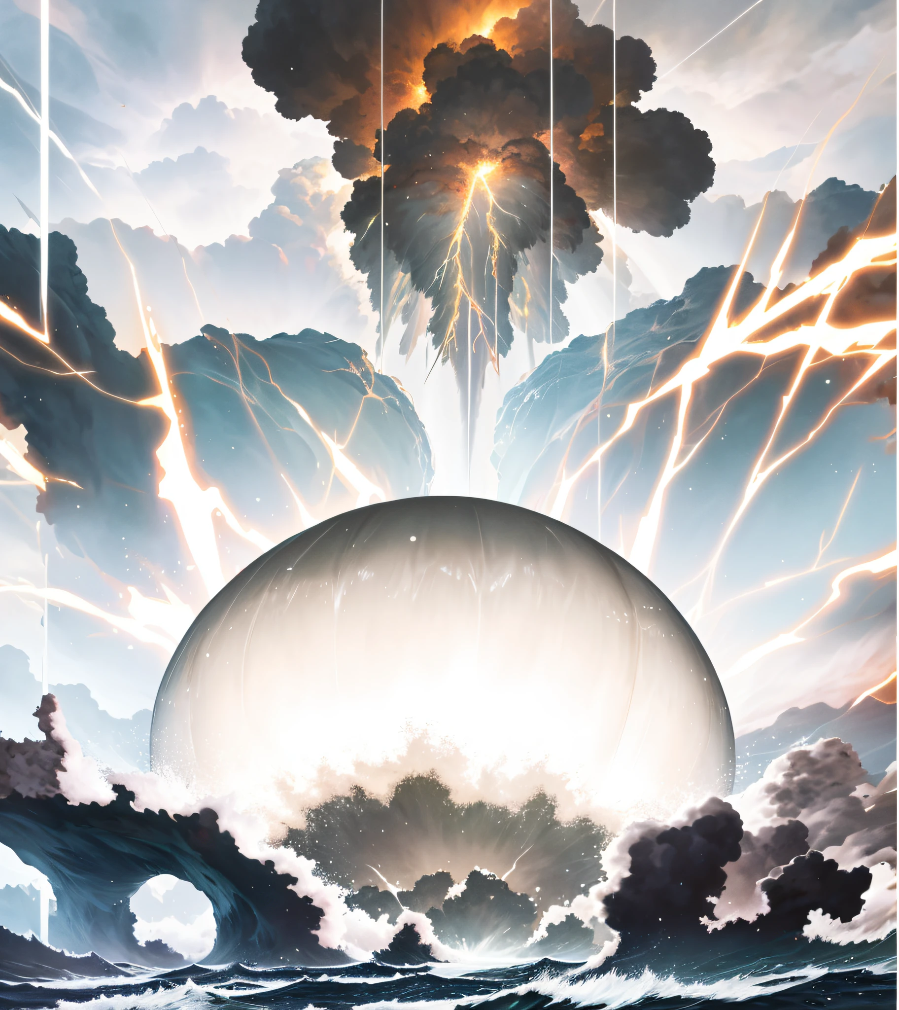 Overwhelming energy, high quality, huge explosion, lightning, sea, giant floating objects, black dark clouds, destroyed islets, countless rays of light falling