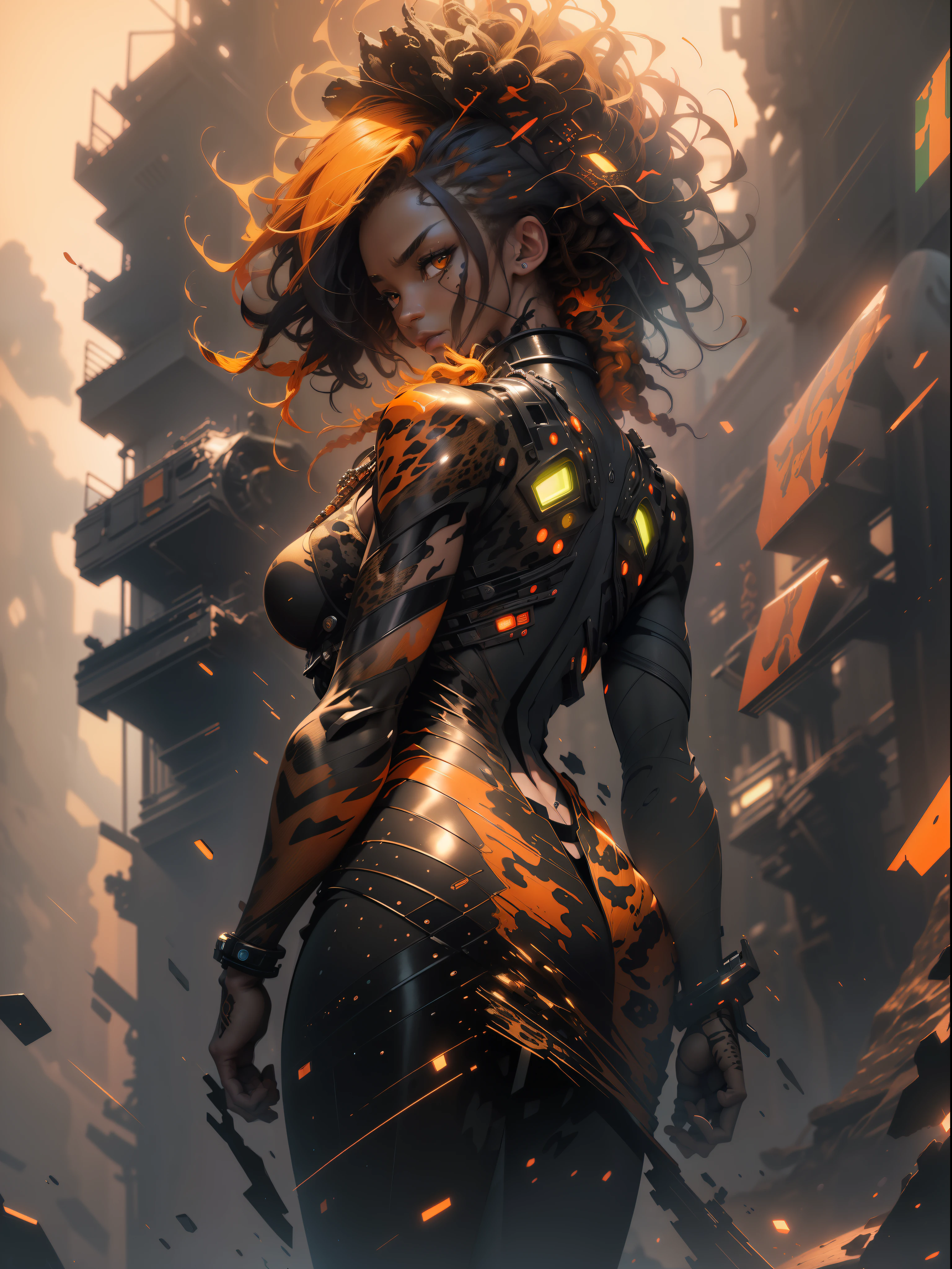 ((Best quality)), ((masterpiece)), (detailed: 1.4), (Absurd), Zulu warrior, leopard, (((back))), ((perfect ass)), African bracelets and necklaces, black skin, cybernetic hands, Leopard skin camouflage clothing, color explosion, cosmic tattoo, nebulous, defined muscular sculptural body, whole body, half-thick bare thighs, closed mouth, body covered by technological clothing, Neon Genesis Evangelion style, cyberpunk, generous neckline, ((perfect medium breasts)), (super light brown eyes), ((clothing with leopard skin camouflage)), (((black and orange hair with Rastafari locks)), long and black eyelashes heavy makeup, various African jewelry, bare legs, by mucha, niji --V5, close to real, psychopath, crazy face, sexy pose, fractal background, 2 piece clothing, pastel, centered, scale to fit the dimensions, HDR (High Dynamic Range),Ray Tracing,NVIDIA RTX,Super-Resolution,Unreal 5,Subsurface Dispersion, PBR Texture, Post-processing, Anisotropic filtering, Depth of field, Maximum clarity and sharpness, Multilayer textures, Albedo and specular maps, Surface shading, Accurate simulation of light-material interaction, Perfect proportions, Octane Render, Two-tone lighting, Wide aperture, Low ISO, White balance, Rule of thirds, 8K RAW, crysisnanosuit