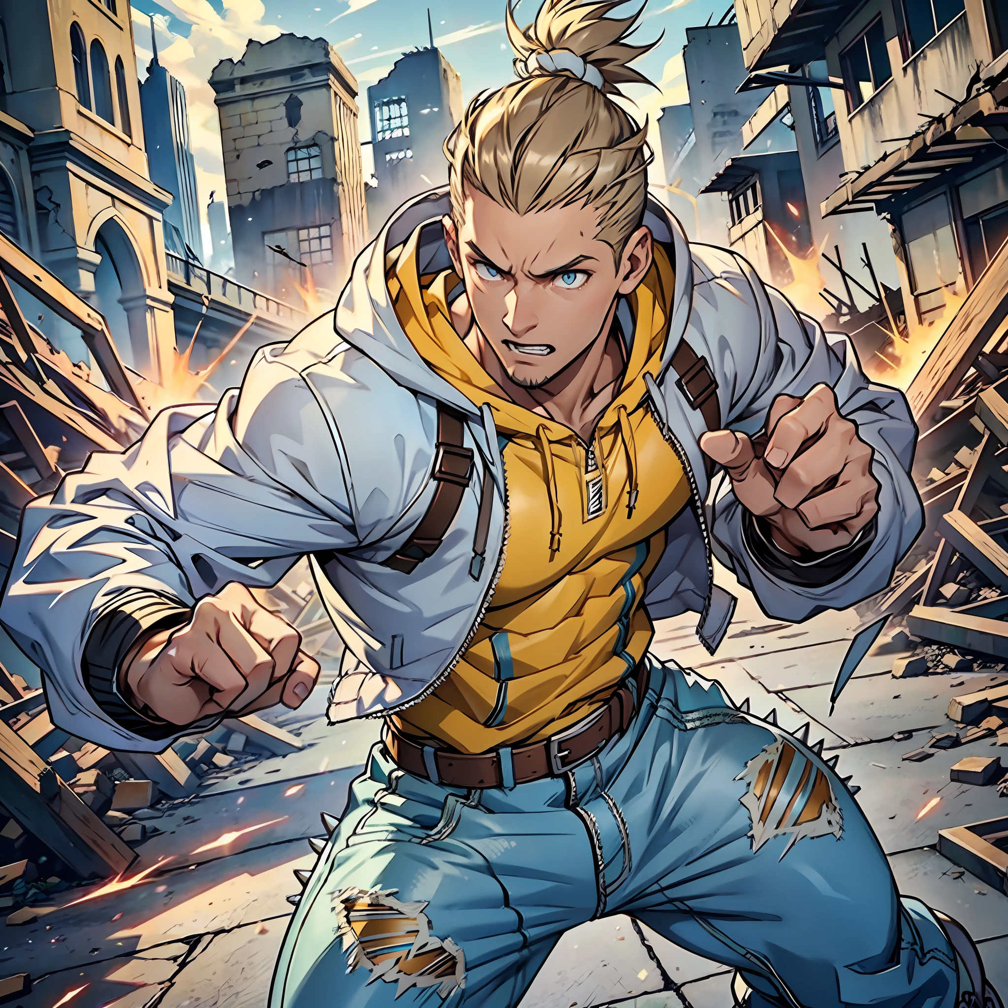 Muscular man, strong physique, gray hooded windbreaker, long light blue pants, white boots, spiky brown hair, spiky topknot, short hair, light yellow colored eyes, outgoing appearance, white bands in his hands, excited look, ancient kingdom, fighting in ruins, man in his 30s.