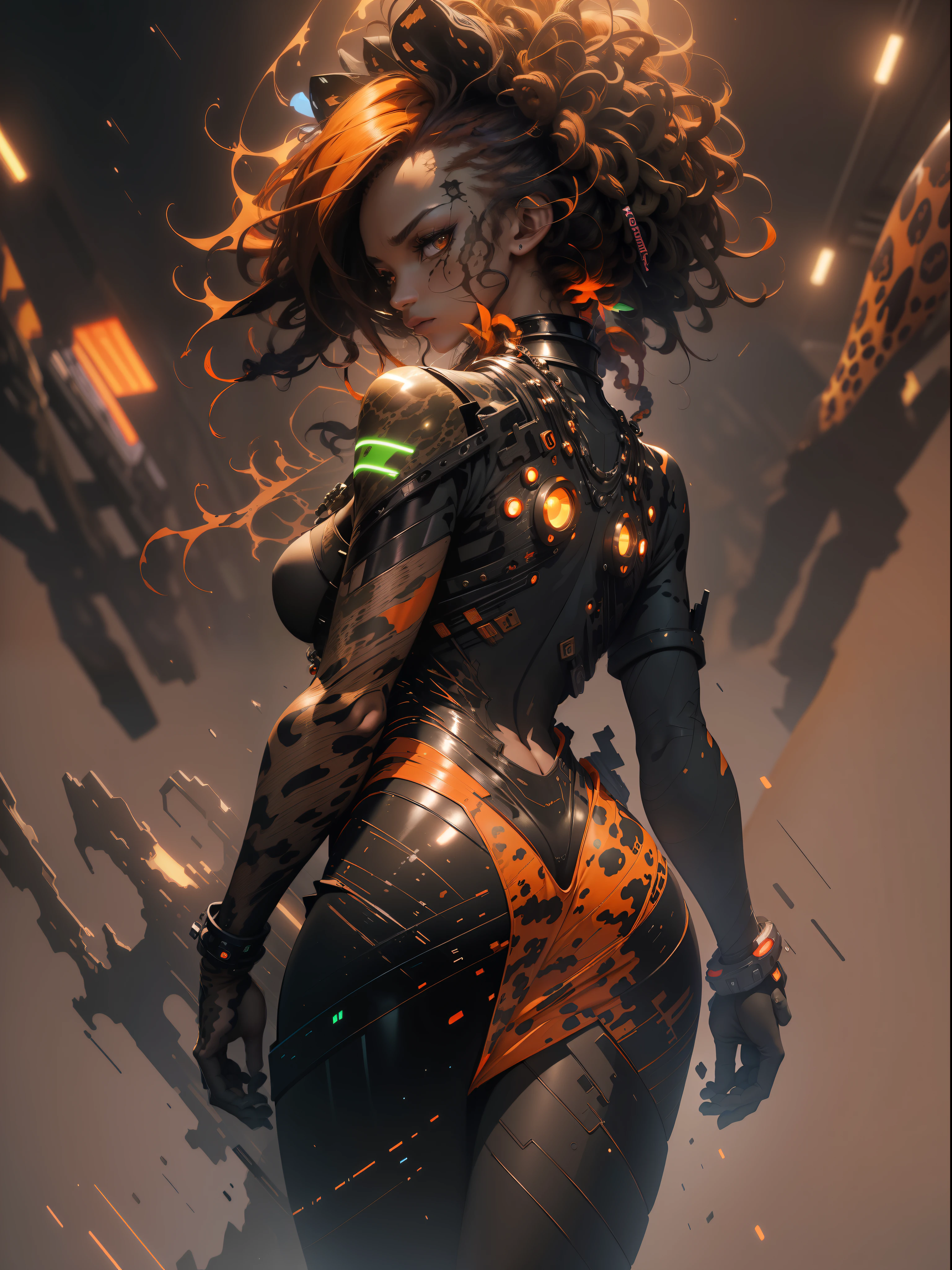 ((Best quality)), ((masterpiece)), (detailed: 1.4), (Absurd), Zulu warrior, leopard, (((back))), ((perfect )), African bracelets and necklaces, black skin, cybernetic hands, Leopard skin camouflage clothing, color explosion, cosmic tattoo, nebulous, defined muscular sculptural body, whole body, half-thick bare thighs, closed mouth, body covered by technological clothing, Neon Genesis Evangelion style, cyberpunk, generous neckline, ((perfect medium bre (super light brown eyes), ((clothing with leopard skin camouflage)), (((black and orange hair with Rastafari locks)), long and black eyelashes heavy makeup, various African jewelry, bare legs, by mucha, niji --V5, close to real, psychopath, crazy face, sexy pose,actal background, 2 piece clothing, pastel, centered, scale to fit the dimensions, HDR (High Dynamic Range),Ray Tracing,NVIDIA RTX,Super-Resolution,Unreal 5,Subsurface Dispersion, PBR Texture, Post-processing, Anisotropic filtering, Depth of field, Maximum clarity and sharpness, Multilayer textures, Albedo and specular maps, Surface shading, Accurate simulation of light-material interaction, portions, Octane Render, Two-tone lighting, Wide aperture, Low ISO, White balance, Rule of thirds, 8K RAW, crysisnanosuit