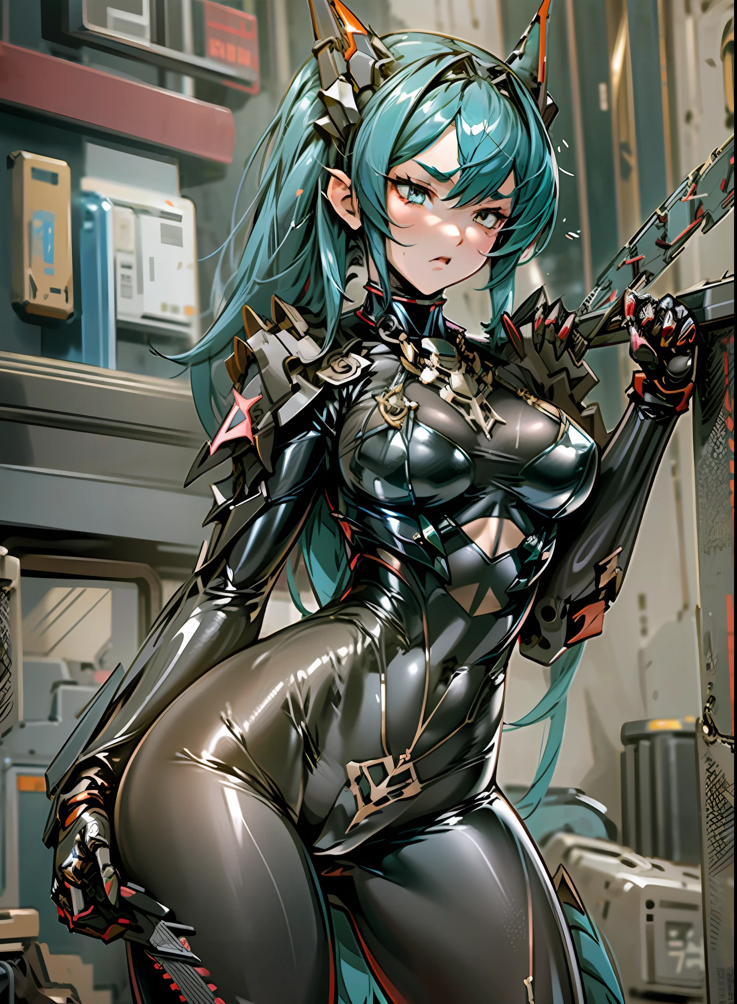 Pokemon inspired, sexy female mech prostitute, Waifu, sexy, large breasts, Dark_Fantasy, in front of a futuristic strip club, viral NFT trending on Pixiv,Cyberpunk,(chain saw,chain saw man,Red:1.1),Mechanical marvel,Robotic presence,Cybernetic guardian, wearing a detailed mech suit, Warframe, intricate, (steel metal [rusty]), elegant, clear focus, shot by greg rutkowski, soft lighting, vibrant colors, masterpiece, ((street)), cowboy shot, dynamic pose, breasts exposed, chest exposed, latex body suit torn, action scene, Lolita waifu, one girl