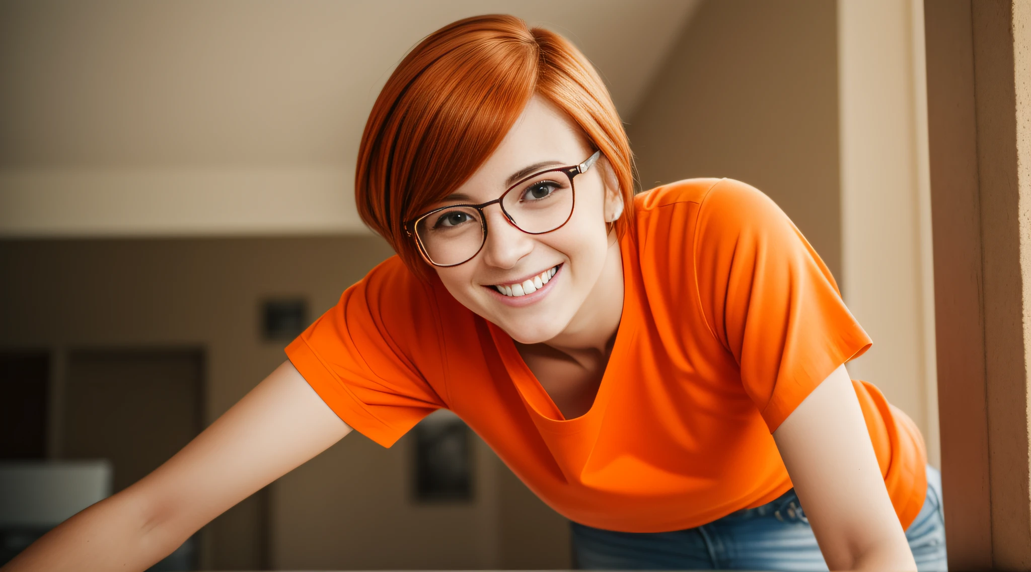 a 27-year-old female character wearing gorgeous orange glasses and smiling wearing a plain orange knit T-shirt, very short and spiky orange brown hair, LEANING AGAINST AN ORANGE WALL, FULL BODY, smiling, cinematic lighting, shallow depth of field, 8k uhd, dslr, 35mm 1.8 lens, masterpiece, high quality, photorealistic, realism, hyperrealism, art photography --auto --s2