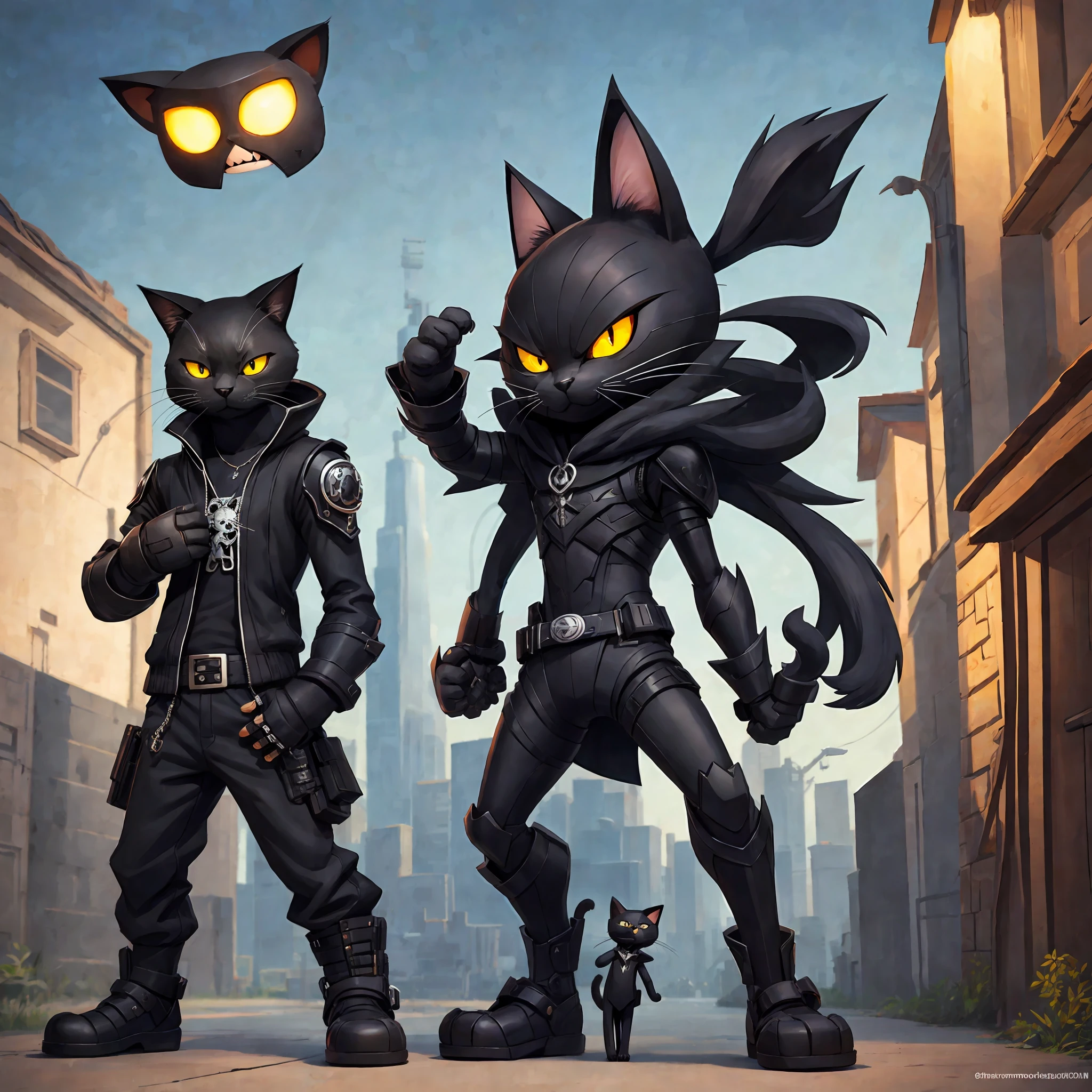 character standing looking forward, (Cat) anthropomorphic black, with black jacket, metalhead, bad boy, cute, cute, short, dreamworks cartoon, 3D painting