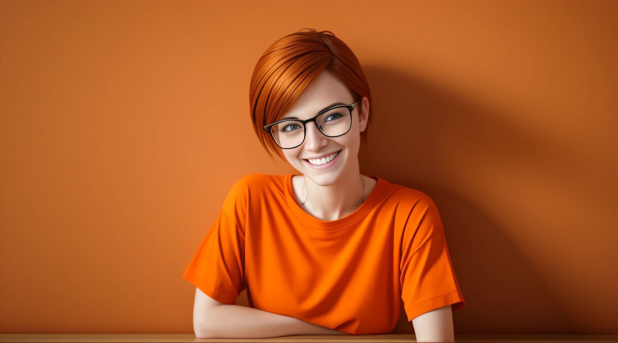 a 27-year-old female character wearing gorgeous orange glasses and smiling wearing a plain orange knit T-shirt, very short and spiky orange brown hair, LEANING AGAINST AN ORANGE WALL, FULL BODY, smiling, cinematic lighting, shallow depth of field, 8k uhd, dslr, 35mm 1.8 lens, masterpiece, high quality, photorealistic, realism, hyperrealism, art photography --auto --s2