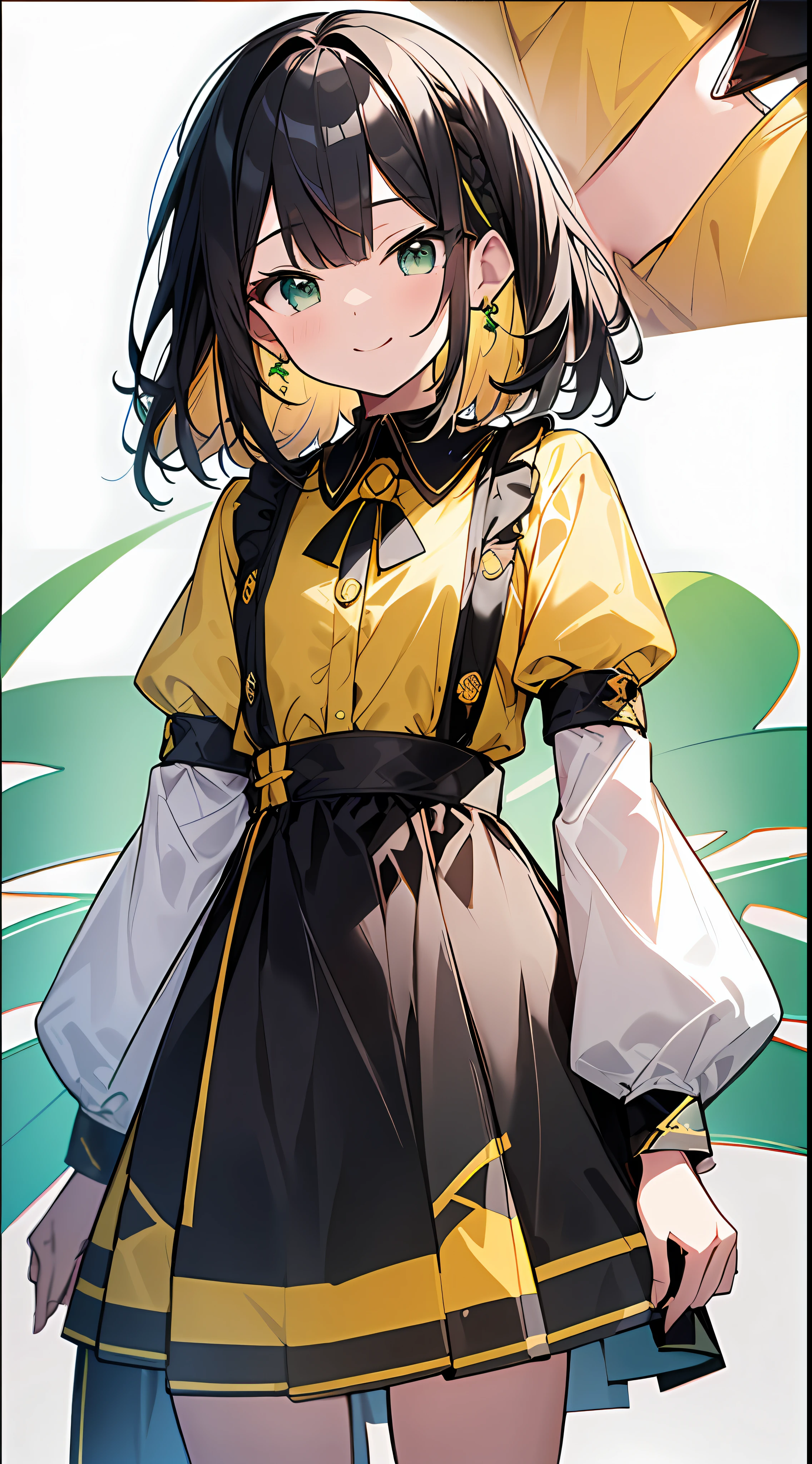 Top Quality, Masterpiece, High Resolution, 8k, Yellow Green Shirt and Skirt Anime Style Small Loli, Single, Detailed Line Art, Bright White and Bright Amber Style, Digital Enhancement, Anime Core, Flowing Fabric, Close Up, Hair Length and Short Braids to Shoulder Opening, Beautiful Black Hair, Smile, Looking Up Angle