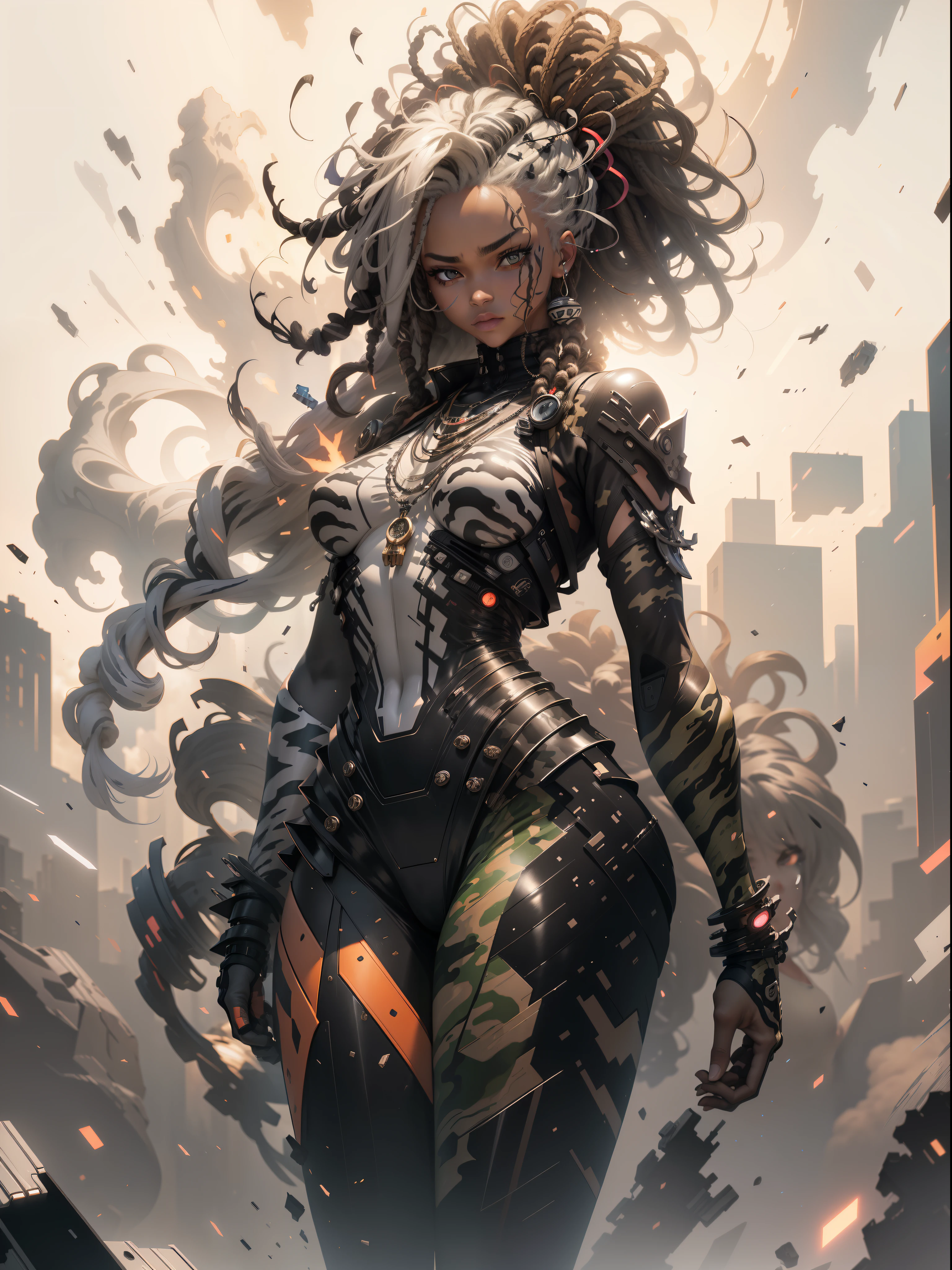 ((Best quality)), ((masterpiece)), (detailed: 1.4), (Absurd), Zulu warrior, zebra, African bracelets and necklaces, black skin, cybernetic hands, Clothing with zebra skin camouflage, explosion of colors, cosmic tattoo, nebulous, sculptural body defined muscle, whole body, half thick naked thighs, closed mouth, body covered by technological clothing, Neon Genesis Evangelion style, cyberpunk, generous neckline, ((perfect medium breasts)), (super light brown eyes), ((clothing with zebra skin camouflage)), (((black and white hair with dreadlocks)))), long and black eyelashes heavy makeup, various African jewelry, bare legs, by mucha, niji --V5, close to real, psychopath, crazy face, sexy pose, fractal background, 2 piece clothing, pastel, centered, scale to fit the dimensions, HDR (High Dynamic Range), Ray Tracing,NVIDIA RTX,Super-Resolution,Unreal 5,Subsurface Dispersion, PBR Texture, Post-processing, Anisotropic Filtering, Depth of Field, Maximum Clarity and Sharpness, Multilayer Textures, Albedo and Specular Maps, Surface Shading, Accurate Simulation of Light-Material Interaction, Perfect Proportions, Octane Render, Two-Tone Lighting, Wide Aperture, Low ISO, White Balance, Rule of Thirds, 8K RAW, Crysisnanosuit
