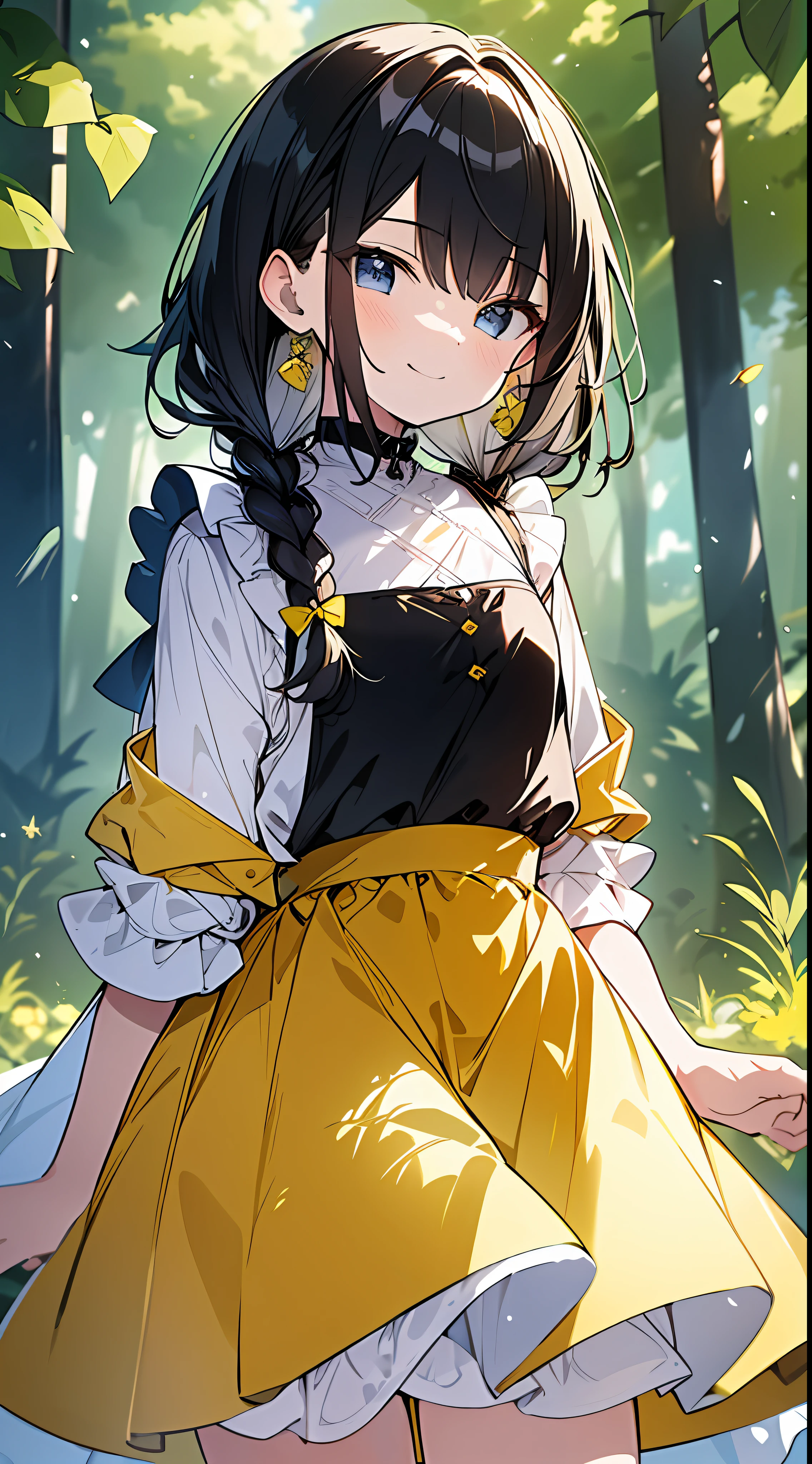 Top Quality, Masterpiece, High Resolution, 8k, Yellow Green Shirt and Skirt Anime Style Small , Single, Detailed Line Art, Bright White and Bright Amber Style, Digital Enhancement, Anime Core, Flowing Fabric, Close Up, Hair Length and Short Braids to Shoulder Opening, Beautiful Black Hair, Smile, Looking Up Angle