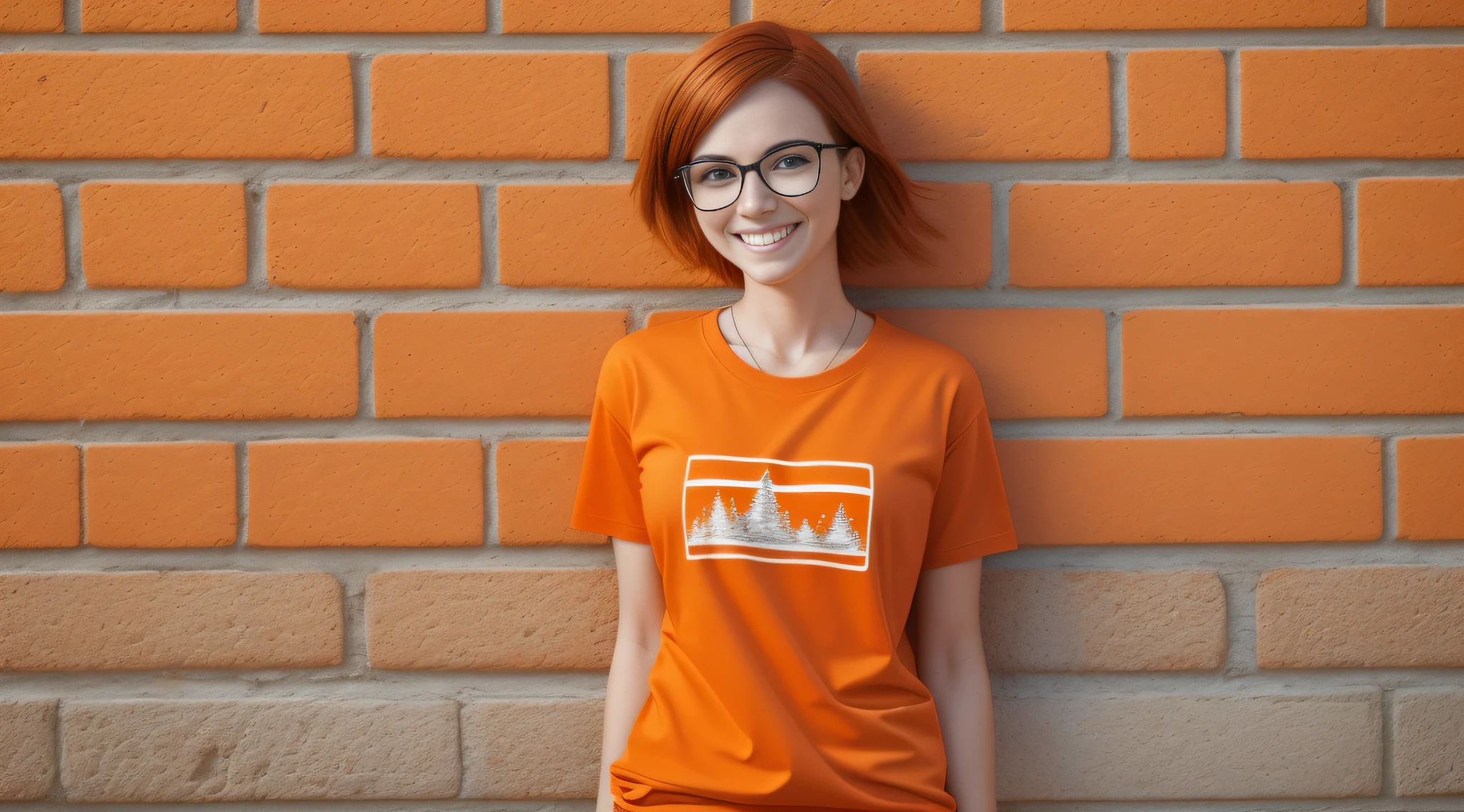 a 27-year-old female character wearing gorgeous orange glasses and smiling wearing a plain orange knit T-shirt, very short and spiky orange brown hair, LEANING AGAINST AN ORANGE WALL, FULL BODY, smiling, cinematic lighting, shallow depth of field, 8k uhd, dslr, 35mm 1.8 lens, masterpiece, high quality, photorealistic, realism, hyperrealism, art photography --auto --s2