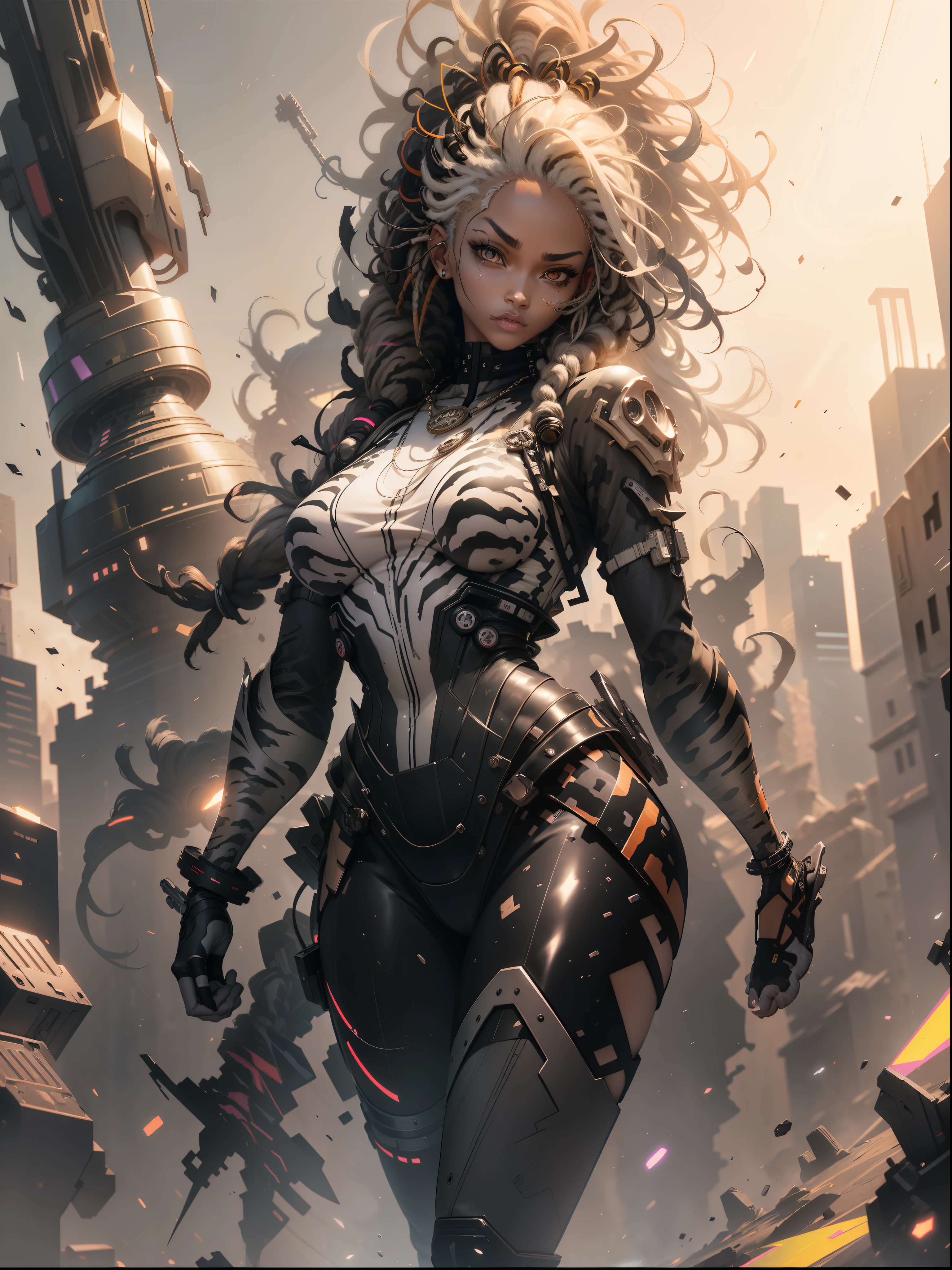 ((Best quality)), ((masterpiece)), (detailed: 1.4), (Absurd), Zulu warrior, zebra, African bracelets and necklaces, black skin, cybernetic hands, Clothing with zebra skin camouflage, explosion of colors, cosmic tattoo, nebulous, sculptural body defined muscle, whole body, half thick naked thighs, closed mouth, body covered by technological clothing, Neon Genesis Evangelion style, cyberpunk, generous neckline, ((perfect medium breasts)), (super light brown eyes), ((clothing with zebra skin camouflage)), (((black and white hair with dreadlocks)))), long and black eyelashes heavy makeup, various African jewelry, bare legs, by mucha, niji --V5, close to real, psychopath, crazy face, sexy pose, fractal background, 2 piece clothing, pastel, centered, scale to fit the dimensions, HDR (High Dynamic Range), Ray Tracing,NVIDIA RTX,Super-Resolution,Unreal 5,Subsurface Dispersion, PBR Texture, Post-processing, Anisotropic Filtering, Depth of Field, Maximum Clarity and Sharpness, Multilayer Textures, Albedo and Specular Maps, Surface Shading, Accurate Simulation of Light-Material Interaction, Perfect Proportions, Octane Render, Two-Tone Lighting, Wide Aperture, Low ISO, White Balance, Rule of Thirds, 8K RAW, Crysisnanosuit