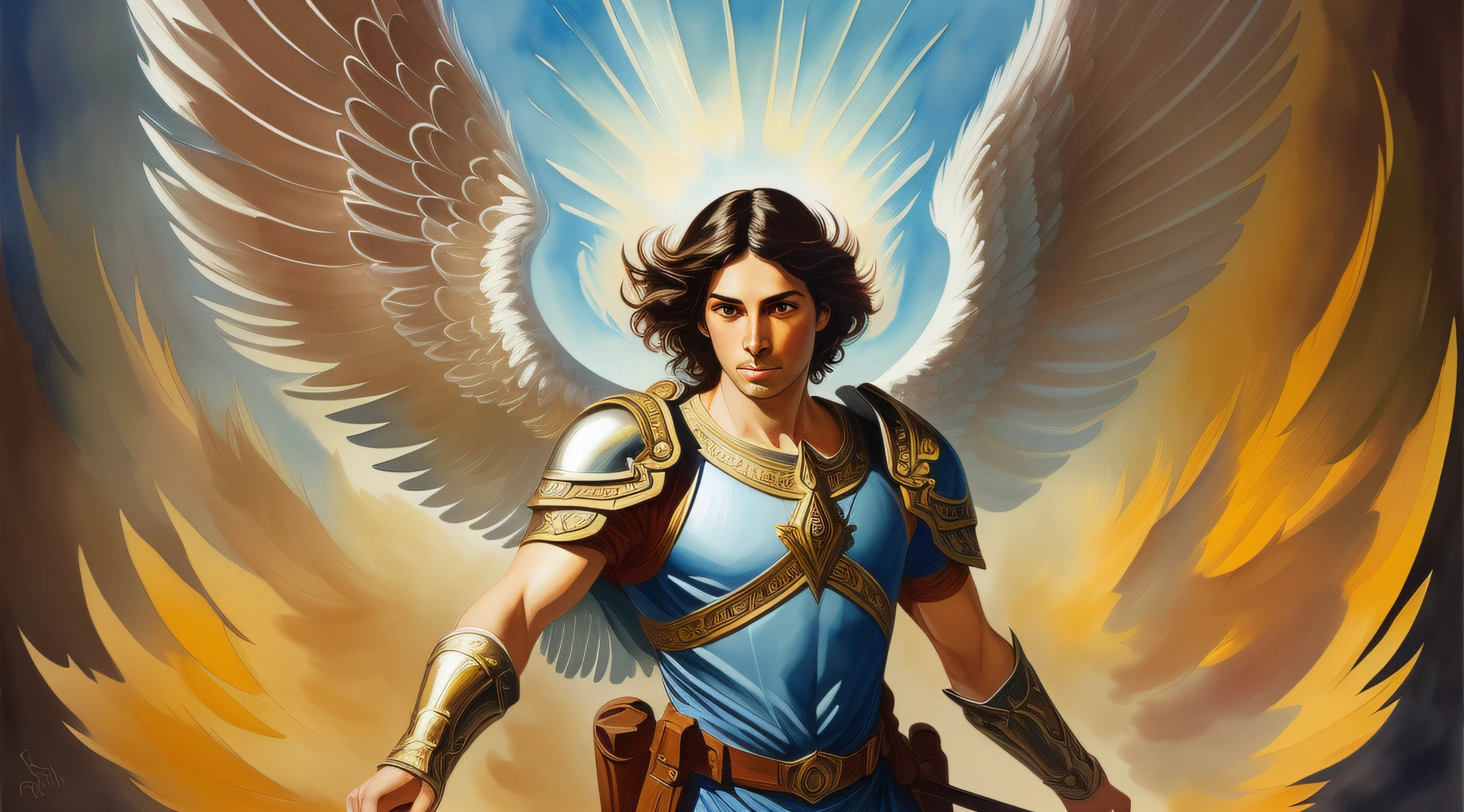 A beautiful ultra-thin realistic portrait of the archangel Michael, in combat posture, full body, biblical, realistic, intricate details, by Abbott Fuller Graves, Bartolome Esteban Murillo, jc leyendecker, craig mullins, peter paul rubens, (caravaggio), trend in artstation, 8k, Concept Art, Fantasy Art, PhotoRealistic, Realistic, Illustration, Oil Painting, Surrealism, HyperRealistic, brush brushes, Digital art, style, watercolor