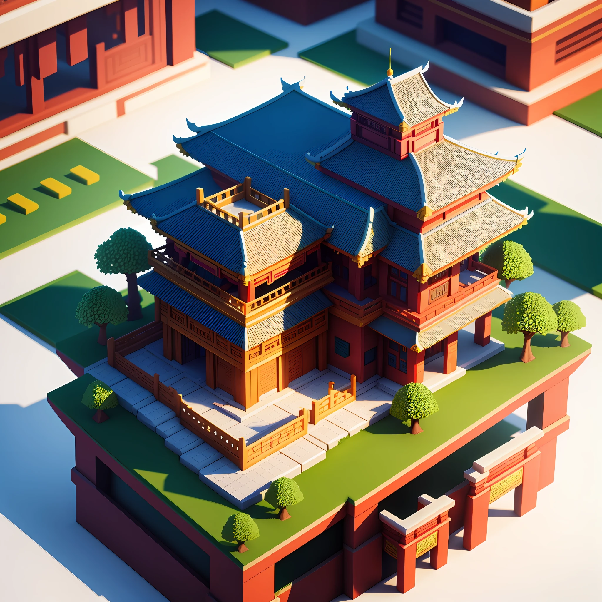 (3D rendering), (best quality), isometric 3d rendering, chinese architecture, 8K, ((white background)), isometric voxel art, stylized 3d rendering, realistic trees, realistic style