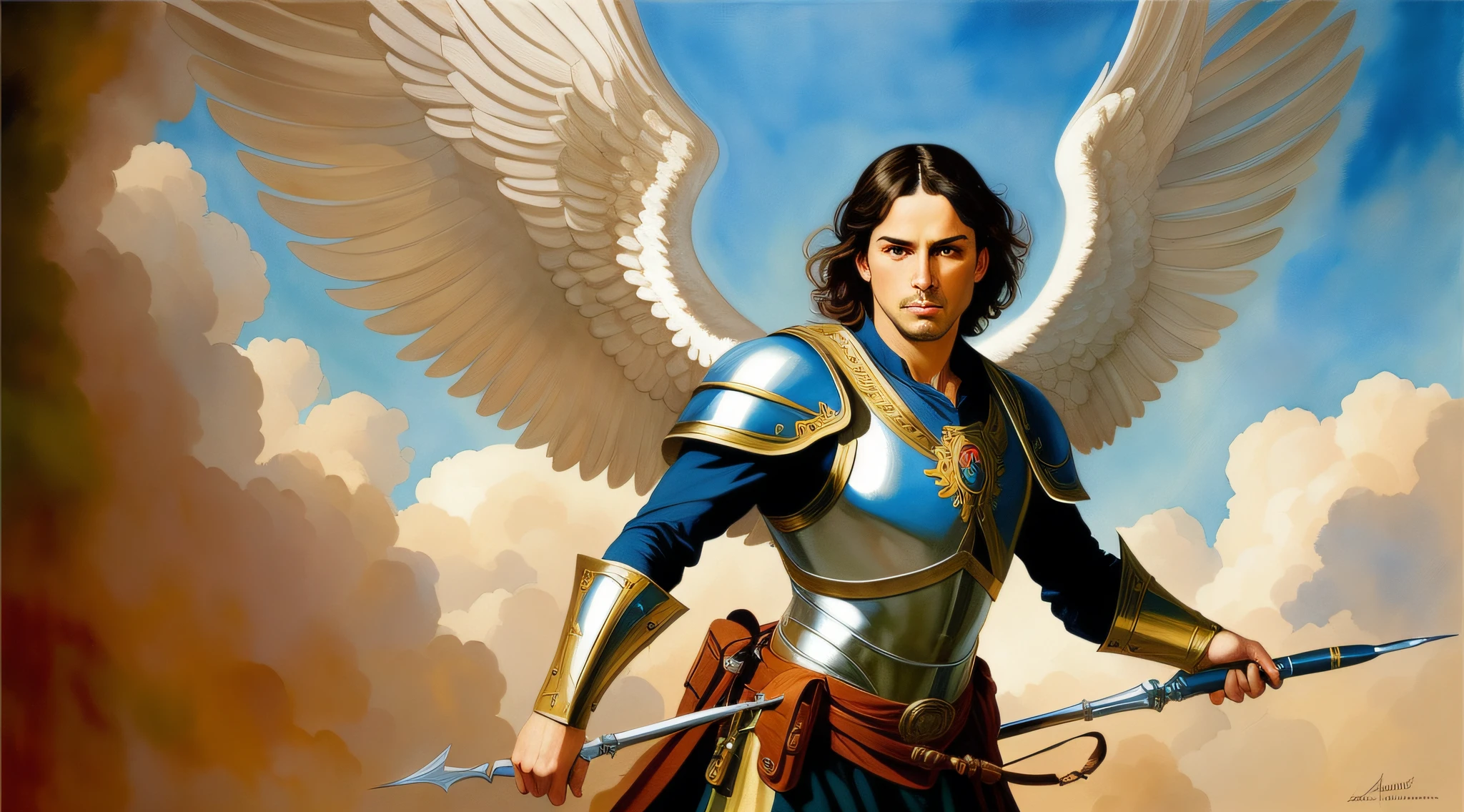 A beautiful ultra-thin realistic portrait of the archangel Michael, in combat posture, full body, biblical, realistic, intricate details, by Abbott Fuller Graves, Bartolome Esteban Murillo, jc leyendecker, craig mullins, peter paul rubens, (caravaggio), trend in artstation, 8k, Concept Art, Fantasy Art, PhotoRealistic, Realistic, Illustration, Oil Painting, Surrealism, HyperRealistic, brush brushes, Digital art, style, watercolor
