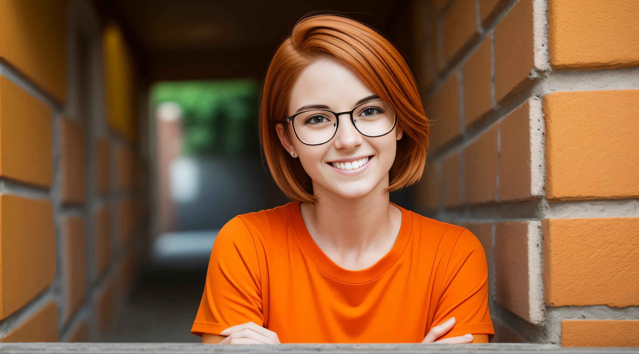 a 27-year-old female character wearing gorgeous orange glasses and smiling wearing a plain orange knit T-shirt, very short and spiky orange brown hair, LEANING AGAINST AN ORANGE WALL, FULL BODY, smiling, cinematic lighting, shallow depth of field, 8k uhd, dslr, 35mm 1.8 lens, masterpiece, high quality, photorealistic, realism, hyperrealism, art photography --auto --s2