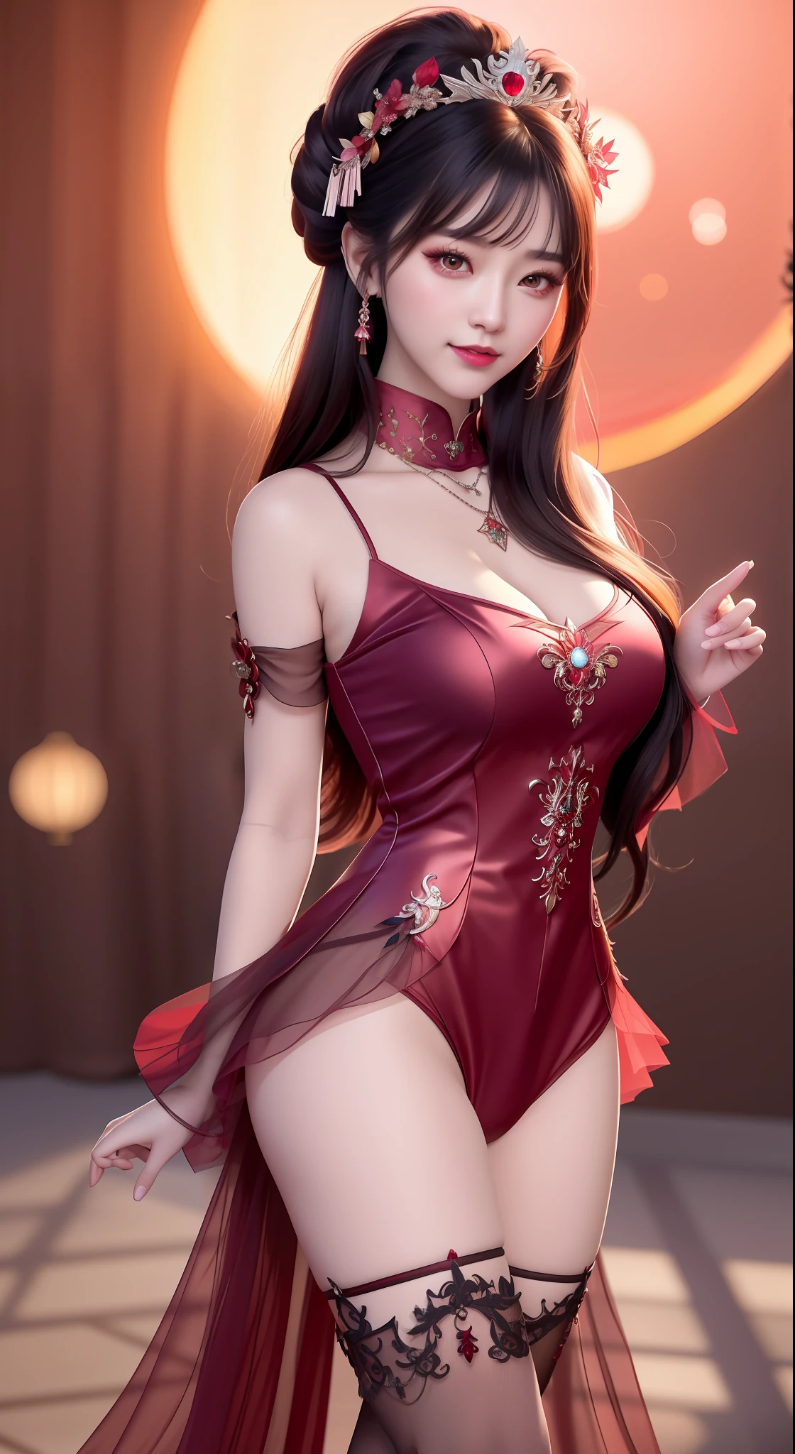 best quality, masterpiece, highres, 1girl, hanfu, white and even teeth, red irises, chinese underwear, hair ornaments, necklace, jewelry, crown jewelry. Pretty face, full body, magic import style, tyndall effect, photo realistic, dark studio, border light, two tone light, (high detail skin: 1.2), 8k uhd, dslr , soft light, high quality, volumetric light, candid, Photo , high resolution, 4k, 8k, Bokeh, (light pink lips), 1 beautiful demon from hell, In the Dark: 1.6 ), surreal full-body women by David Hockney and Alphonse Mucha, fantasy art, photorealism, dynamic lighting, station art, posters, volumetric lighting, highly detailed faces, super 8k, Awarded, in the dark, dark, low light, cowboy lens, (Red phoenix dress: 1.4), long hair, black hair, bust, luxury palace, Royal family style family, devil's crown, red eyes with very sharp and detailed makeup, Best face, Very round and firm breasts, Surreal, chinese women's long clothes, buds Charming smile, Pretty eye makeup, guweiz, devil style, mesh stockings with lace-up waist sock, thigh-length top, dark red turtleneck turtleneck, ponytail with bow at the back , dark red lips, Devil tattoo on shoulder, overcast and thunderous landscape, (full body), Close-up of main character, (Hell background details 1.8), lace waist socks, medium big ass,