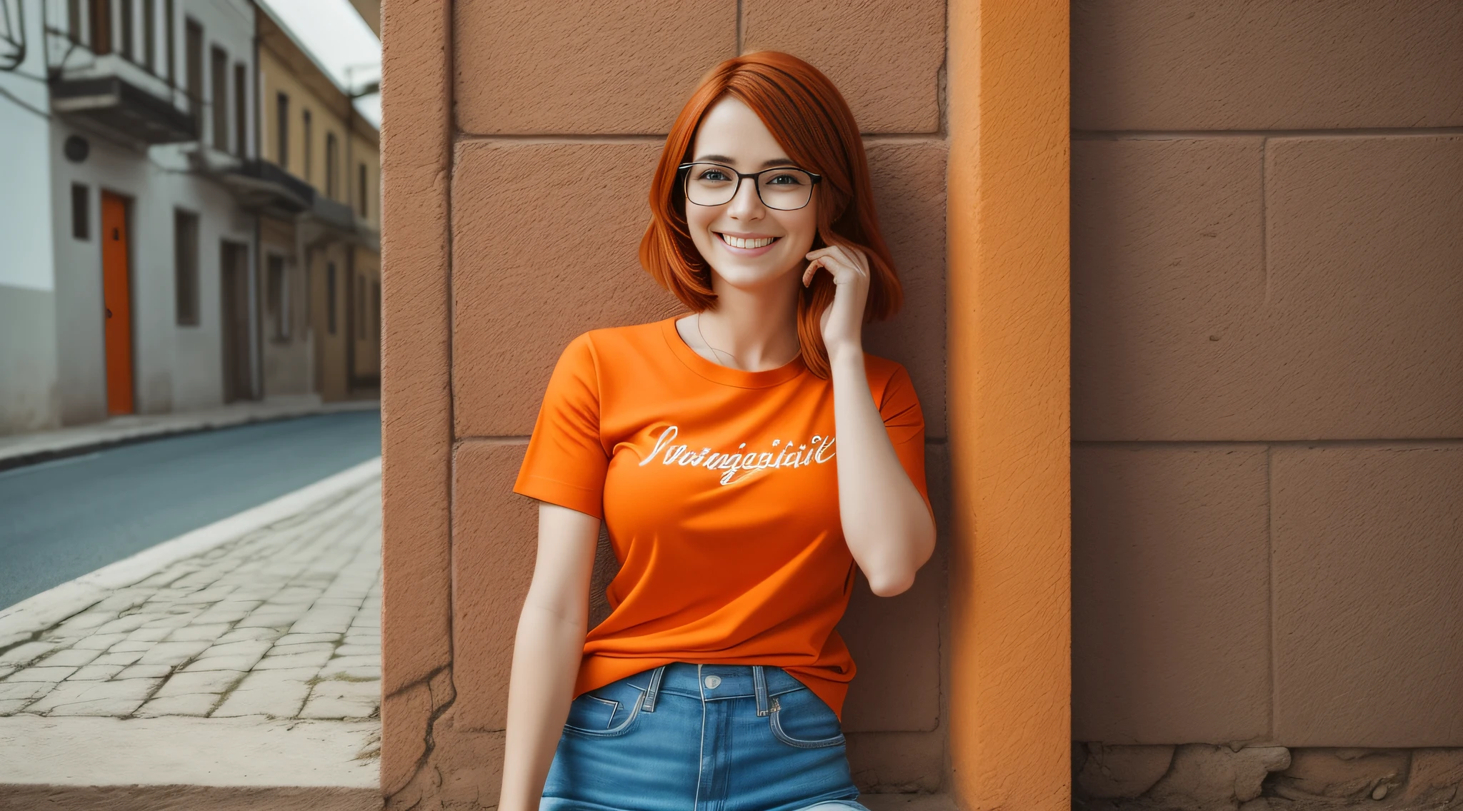 a 27-year-old female character wearing gorgeous orange glasses and smiling wearing a plain orange knit T-shirt, very short and spiky orange brown hair, LEANING AGAINST AN ORANGE WALL, FULL BODY, smiling, cinematic lighting, shallow depth of field, 8k uhd, dslr, 35mm 1.8 lens, masterpiece, high quality, photorealistic, realism, hyperrealism, art photography --auto --s2