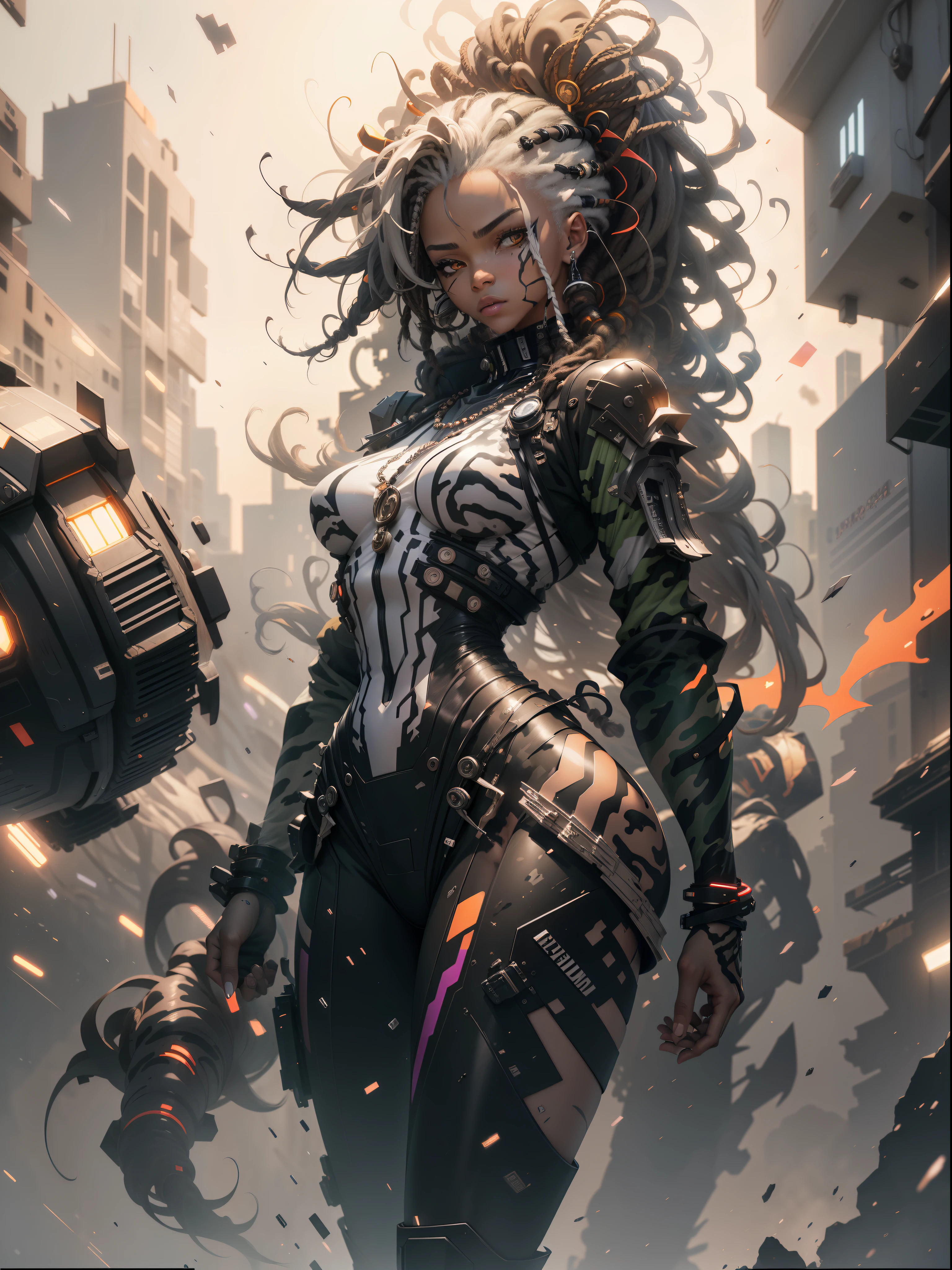 ((Best quality)), ((masterpiece)), (detailed: 1.4), (Absurd), Zulu warrior, zebra, African bracelets and necklaces, black skin, cybernetic hands, Clothing with zebra skin camouflage, explosion of colors, cosmic tattoo, nebulous, sculptural body defined muscle, whole body, half thick naked thighs, closed mouth, body covered by technological clothing, Neon Genesis Evangelion style, cyberpunk, generous neckline, ((perfect medium breasts)),  (super light brown eyes), ((clothing with zebra skin camouflage)), (((black and white hair with dreadlocks)))), long and black eyelashes heavy makeup, various African jewelry, bare legs, by mucha, niji --V5, close to real, psychopath, crazy face, sexy pose, fractal background, 2 piece clothing, pastel, centered, scale to fit the dimensions, HDR (High Dynamic Range), Ray Tracing,NVIDIA RTX,Super-Resolution,Unreal 5,Subsurface Dispersion, PBR Texture, Post-processing, Anisotropic Filtering, Depth of Field, Maximum Clarity and Sharpness, Multilayer Textures, Albedo and Specular Maps, Surface Shading, Accurate Simulation of Light-Material Interaction, Perfect Proportions, Octane Render, Two-Tone Lighting, Wide Aperture, Low ISO, White Balance, Rule of Thirds, 8K RAW, Crysisnanosuit