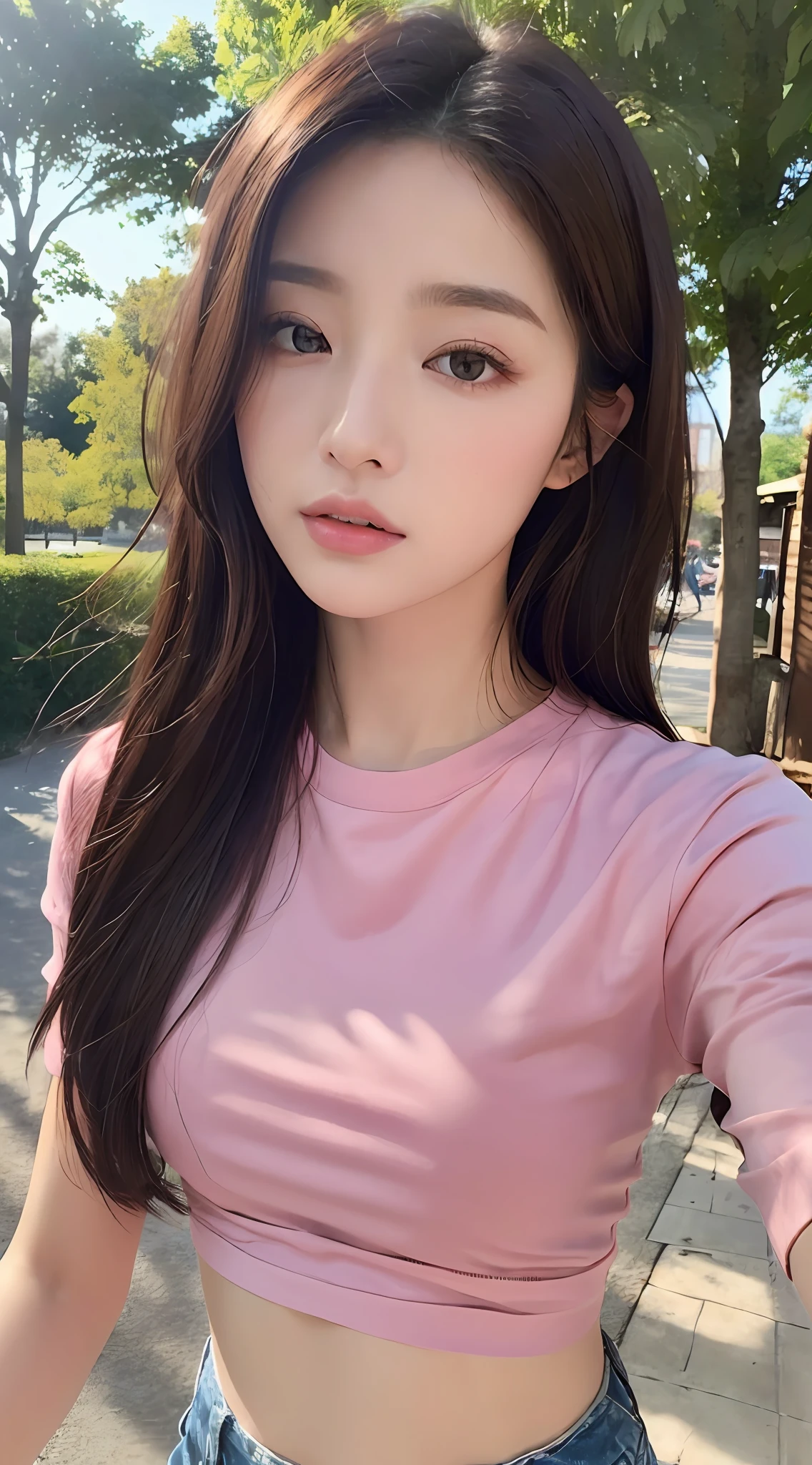 ((Realistic lighting, Best Quality, 8K, Masterpiece: 1.3)), Clear focus: 1.2, 1girl, Perfect Body Beauty: 1.4, Slim Abs: 1.1, ((Dark brown hair)), (Pink Shirt: 1.4), (Outdoor, Morning: 1.1), Park, Super Fine Face, Fine Eyes, Double Eyelids,