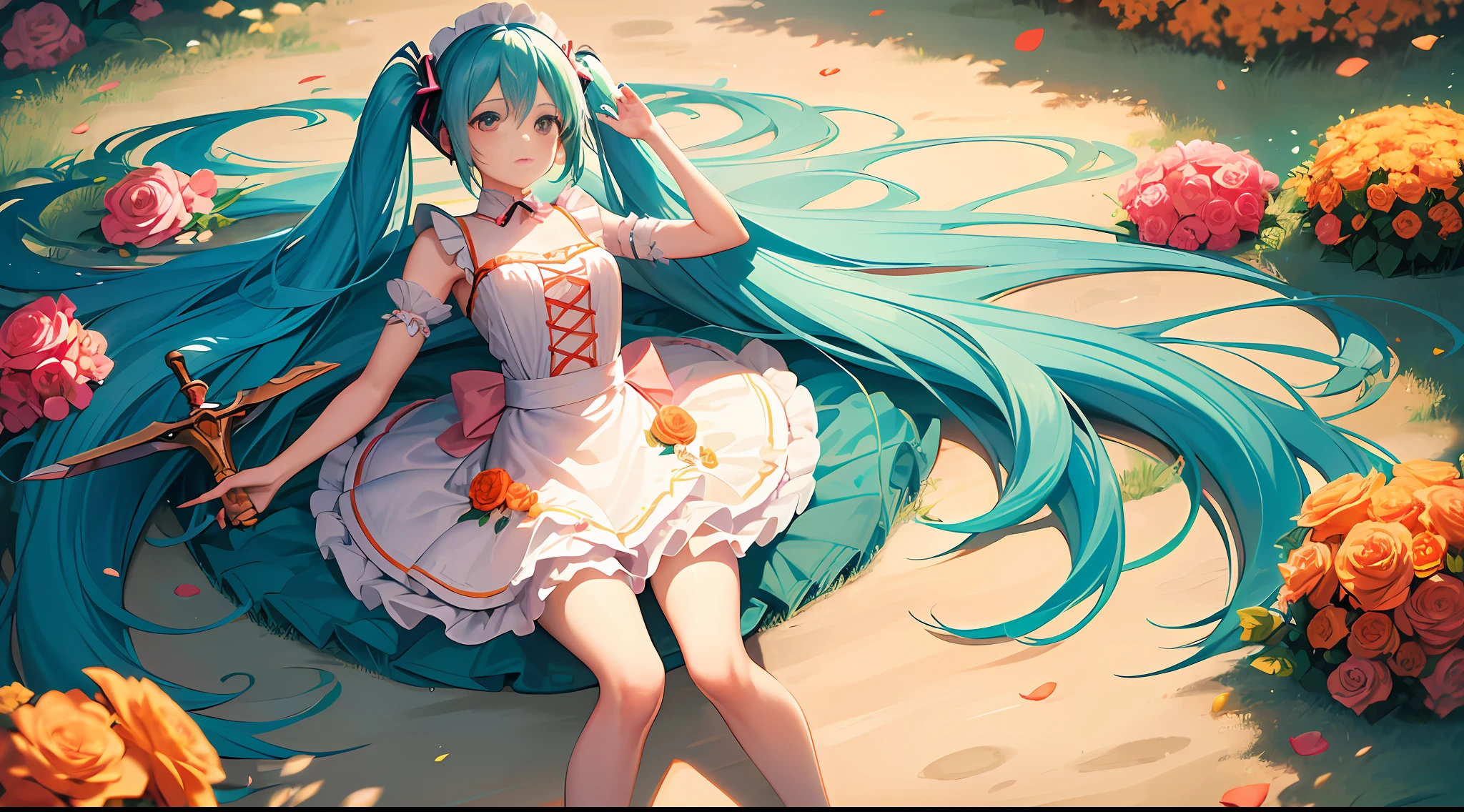 (Ultra HD details, perfect image quality), orange light illumination (1.2), soft tones, (Hatsune Miku), (maid makeup), bright colors, fluffy skirt, colorful petals floating, long-legged sweet potato cake, sword-shaped space, white steps, roses, (cheerful and bright, rigid and soft image)