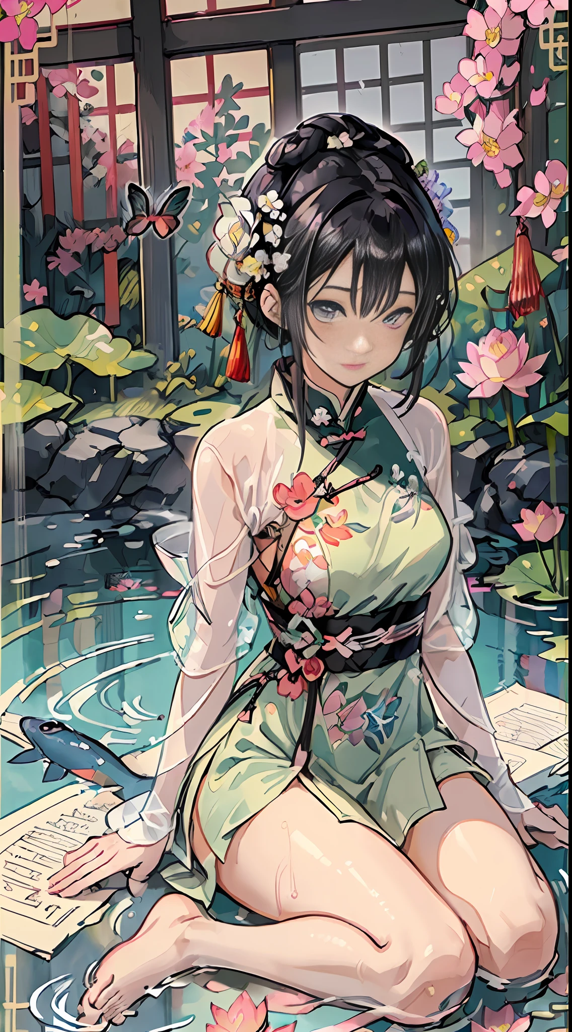 (Art: Yaguru Magiku, (001Glitch-core, Dreamcore), 8sconception, Alberto-Mielgo, anime-background-style-v2, Super Quality, Vaporwave, Synth Wave, Weirdcore, dreamy, full body, (Core background: 1.25), Water ring, Visual effects: Cinematic lighting, [[red, blue, green, yellow, black, white, pink, purple, denim shot, ((color)), ink painting, delicate and beautiful girl, ((illustration)), ((floating hair)), ((chromatic aberration)]] (sitting in pool with lotus: 1.1), (barefoot: 1.0), (Chinese garden: 1.0), wet (((paper cutting art)), Chinese, red and white, paper cutting, calligraphy, man and wife, (flowers, insects and fish),
