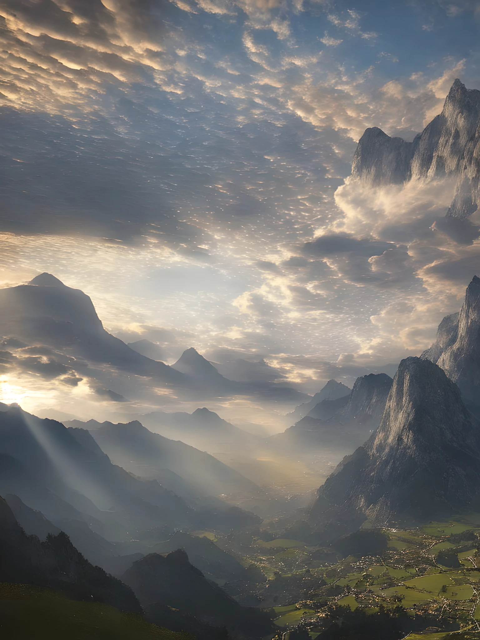 araffes in the mountains with a valley below them, heavenly landscape, breathtaking landscape, epic beautiful landscape, amazing landscape, beautiful epic vista, an amazing landscape image, majestic nature scenery, amazing landscape in background, epic and stunning, sunshine lighting high mountains, epic stunning atmosphere, breath taking, incredible light, epic sunrise, breathtaking clouds, landscape wallpaper, epic landscape