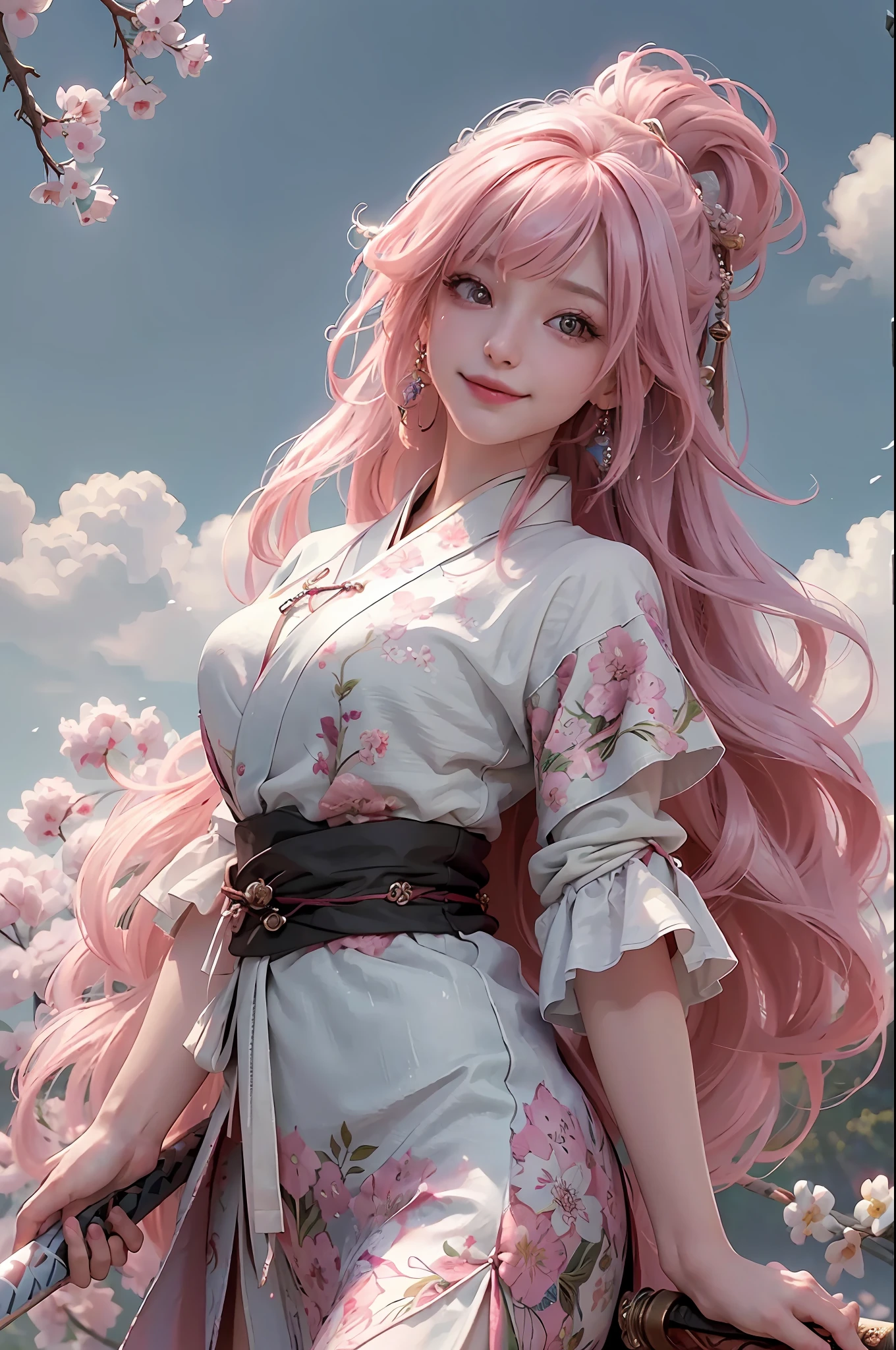 (RAW Photo, Best Quality), (Realistic, Photorealistic True: 1.3), Best Quality, Highly Detailed, Masterpiece, Hyperdetailed, Illustration, 1 Girl, Smile, Pink Hair, Pink Hanbok, Wielding a Sword, upper_body, Dynamic Angle, World Mastery Theater, Flying Long Hair, Fluores cent pink, dynamic fire inbackground, Cherry Blossom Falling, Best quality, extremely detailed CG unified 8k wallpapers, ink, amazing, movie lights, lens_flare, wuxia_style