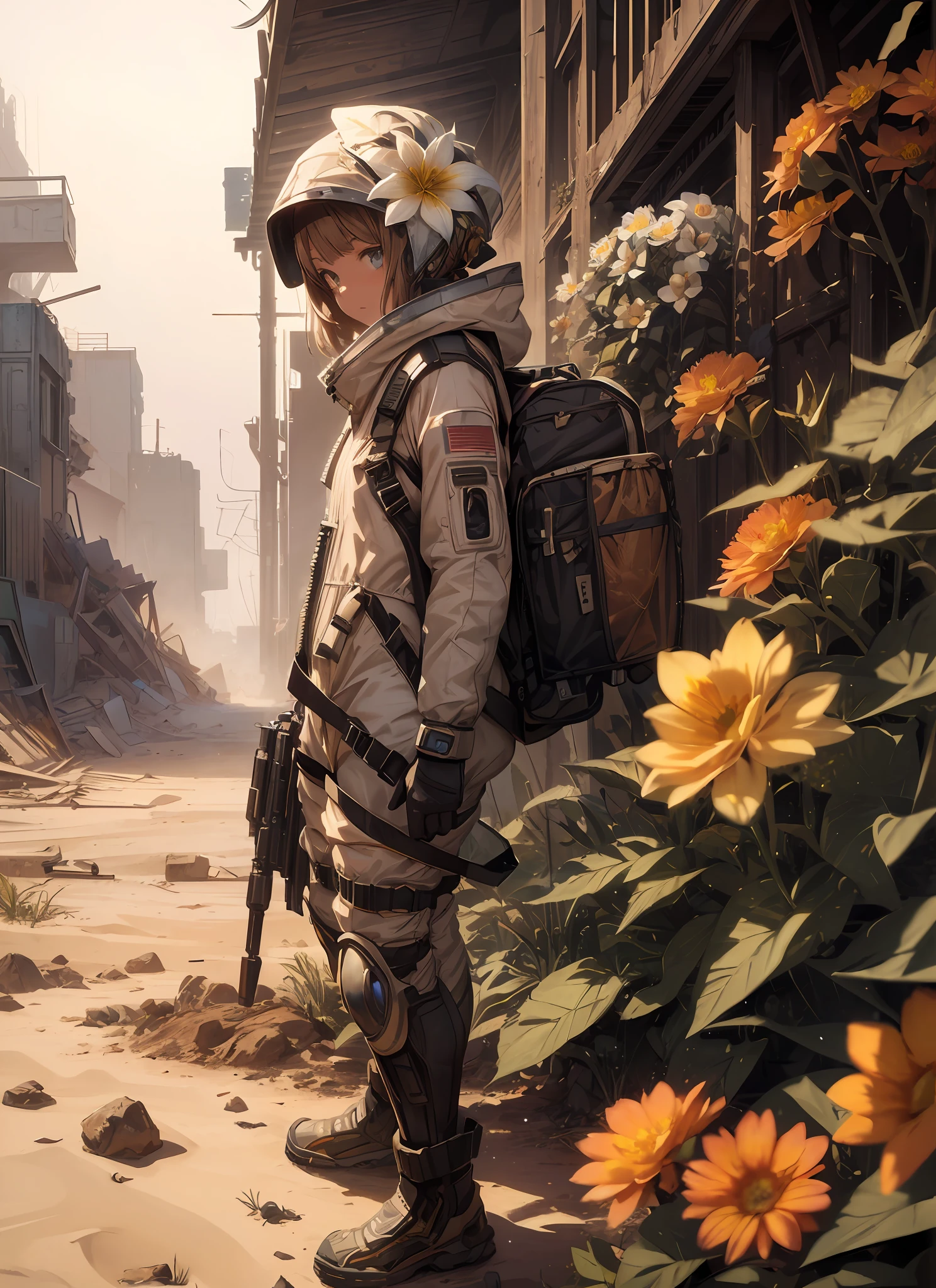masterpiece, hyperdetail, Illustrations, dynamic angle, 1 girl, spacesuit, full body, outdoor, (dust, sandstorm:L1.2), post-apocalyptic wasteland, third person, (withe flower:1.5), illustration, vivd color, cinematic lighting,
