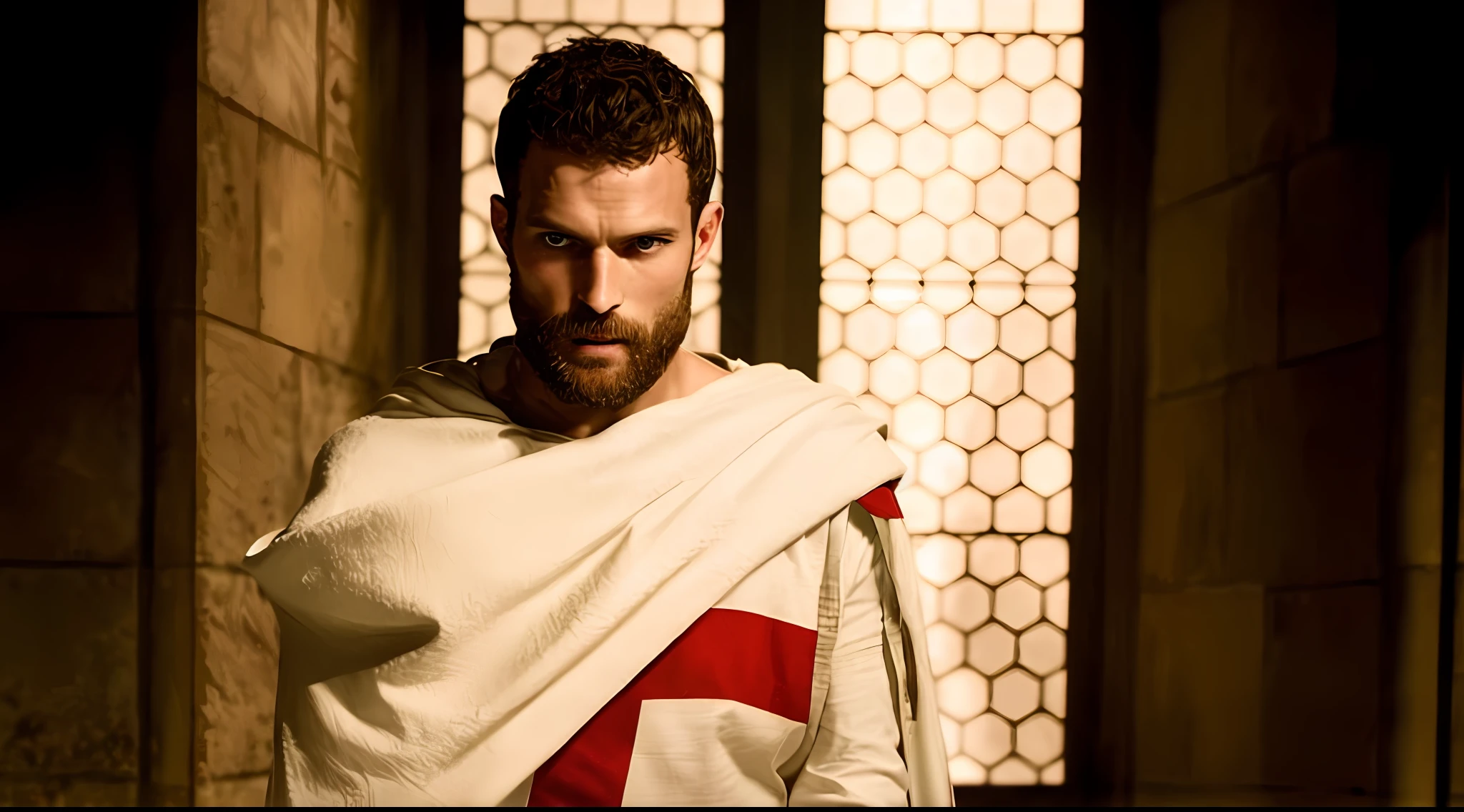 Create a Templar, Knightfall series, wearing white tunic with red cross, dark beard, similar to actor Jamie Dornan, super detail-oriented, realistic, Jamie Dornan, Templar, blue eyes, cinematic style, Knightfall, 8k resolution, best quality, close up.