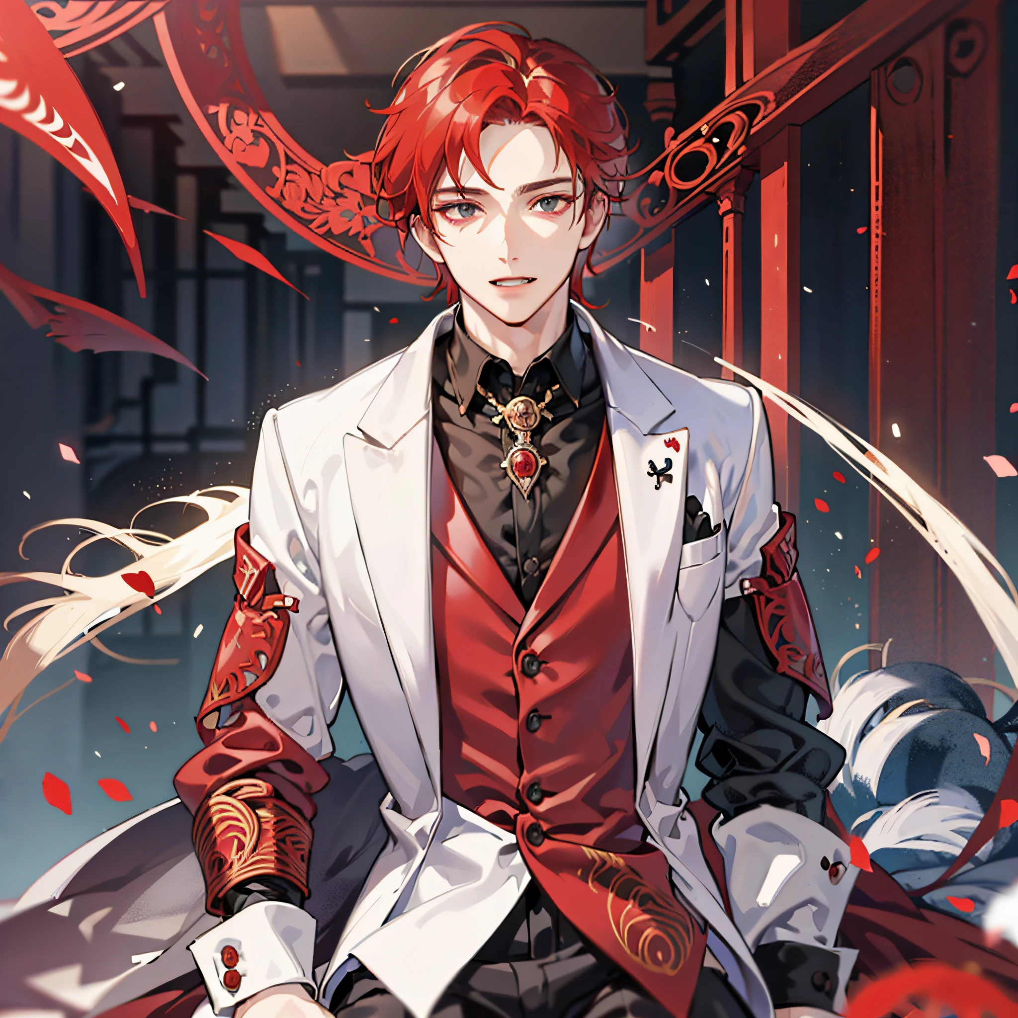 Gentleman, Red Hair, Spirited, White Skin, Black Eyes, Elegant, Highly Detailed, Single, Canine Fangs
