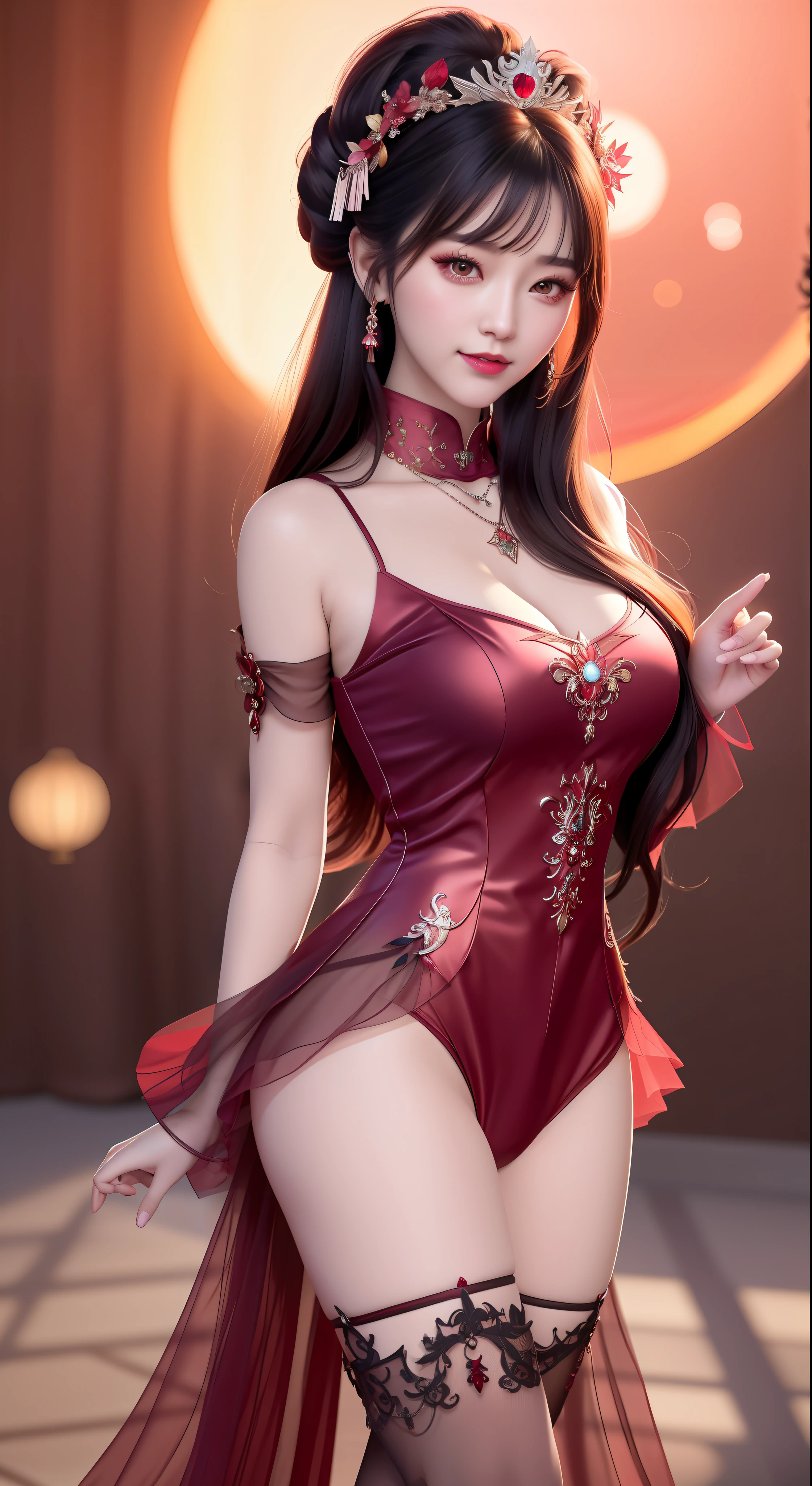 best quality, masterpiece, highres, 1girl, hanfu, white and even teeth, red irises, chinese underwear, hair ornaments, necklace, jewelry, crown jewelry. Pretty face, full body, magic import style, tyndall effect, photo realistic, dark studio, border light, two tone light, (high detail skin: 1.2), 8k uhd, dslr , soft light, high quality, volumetric light, candid, Photo , high resolution, 4k, 8k, Bokeh, (light pink lips), 1 beautiful demon from hell, In the Dark: 1.6 ), surreal full-body women by David Hockney and Alphonse Mucha, fantasy art, photorealism, dynamic lighting, station art, posters, volumetric lighting, highly detailed faces, super 8k, Awarded, in the dark, dark, low light, cowboy lens, (Red phoenix dress: 1.4), long hair, black hair, bust, luxury palace, Royal family style family, devil's crown, red eyes with very sharp and detailed makeup, Best face, Very round and firm breasts, Surreal, chinese women's long clothes, buds Charming smile, Pretty eye makeup, guweiz, devil style, mesh stockings with lace-up waist sock, thigh-length top, dark red turtleneck turtleneck, ponytail with bow at the back , dark red lips, Devil tattoo on shoulder, overcast and thunderous landscape, (full body), Close-up of main character, (Hell background details 1.8), lace waist socks, medium big ass,