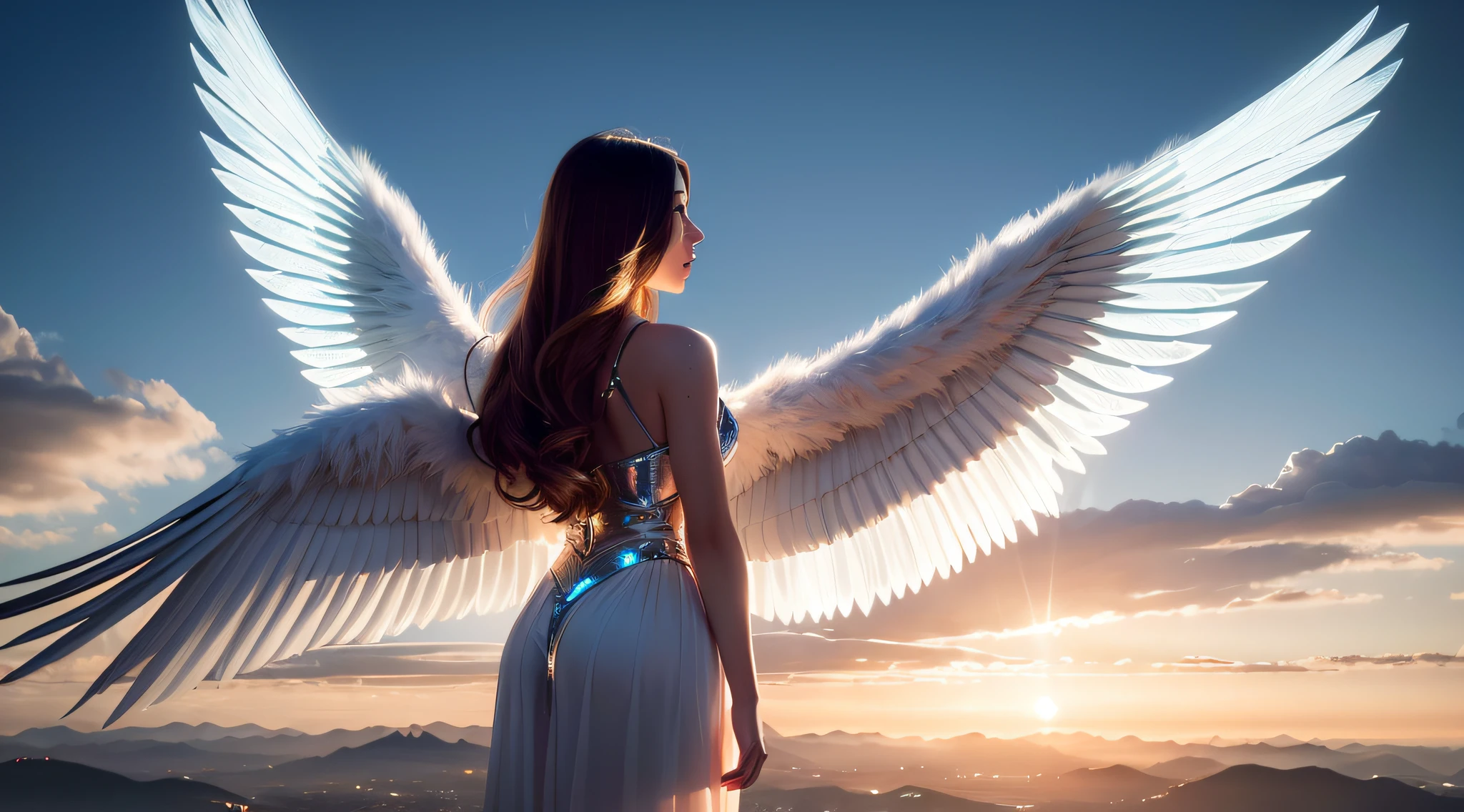 ultra high res, best quality, photo, 4k, (photorealistic: 1.4), cinematic lighting,
an angel with large wings, translucent wings, detailed feathers, retro future, ambient clouds in the background, portal of the future, cinematic, volumetric light, cinematic, HD, magic, god light, backlighting