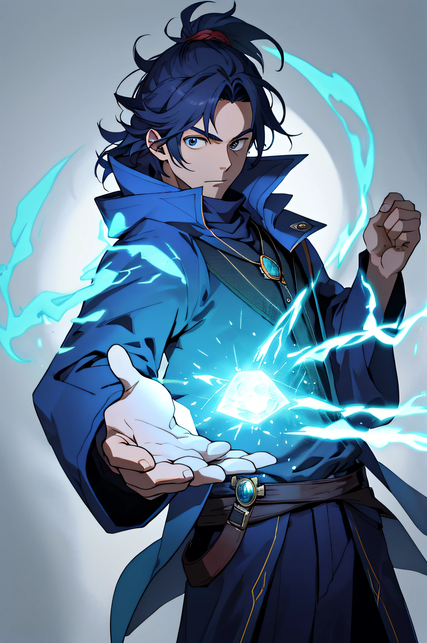 Draw a mage with invisible magic in both hands in a solid background