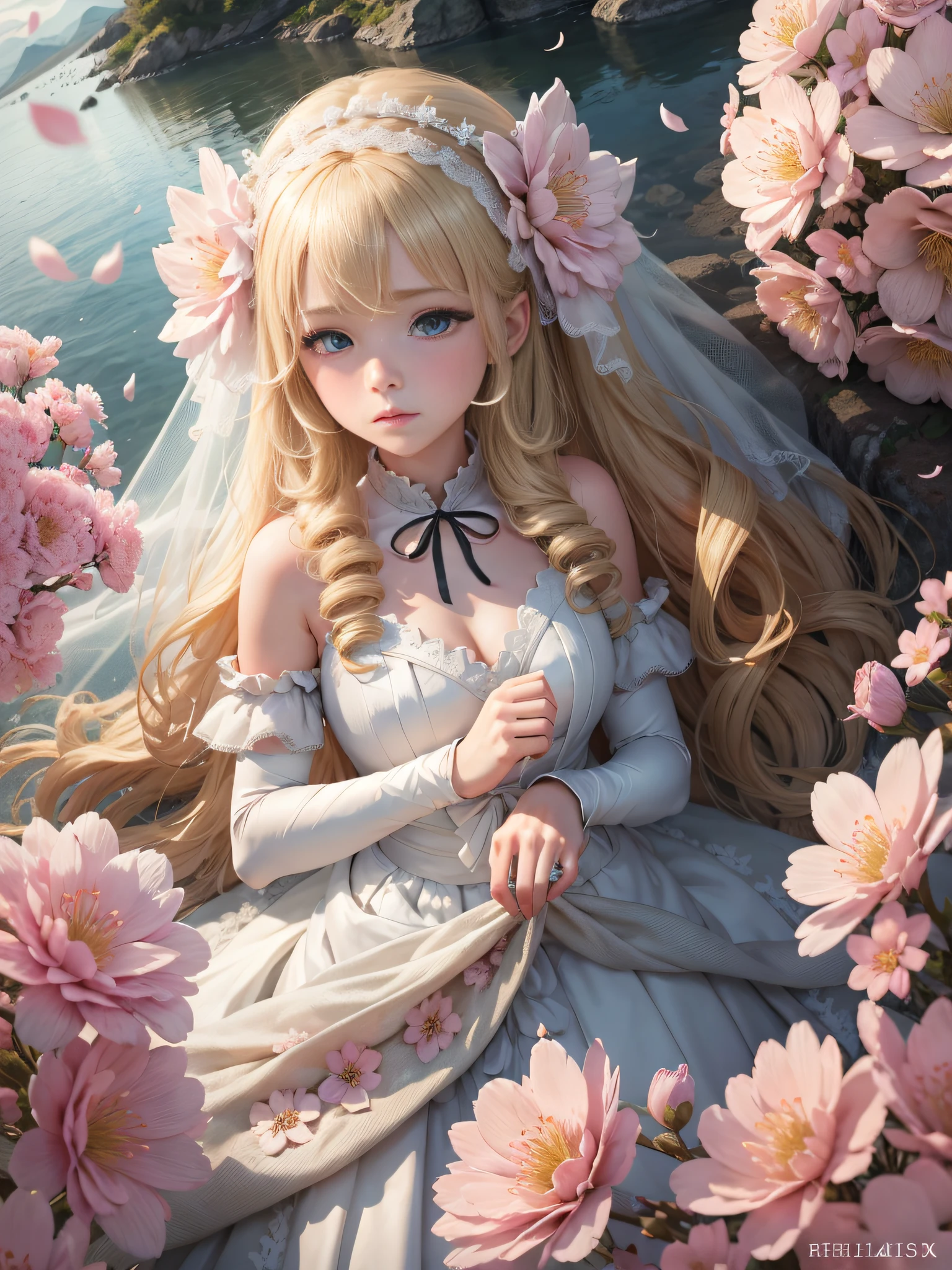 {best quality}, {{masterpiece}}, {highres},extremely detailed 8K wallpaper, 1girl,game cg,maiden, cinematic angle,delicate skin, blush,aquagradient eyes, {detailed eyes},{gradient blonde hair},{gradient blue eyes}, Cherry blossoms,flying petals,mountain,flowers meadows, detailed background, outdoors, {delicate wedding dress}, neck ribbon, bridal gauntlets, bridal veil, hair ornament, hair flower, bouquet,wedding band,,
