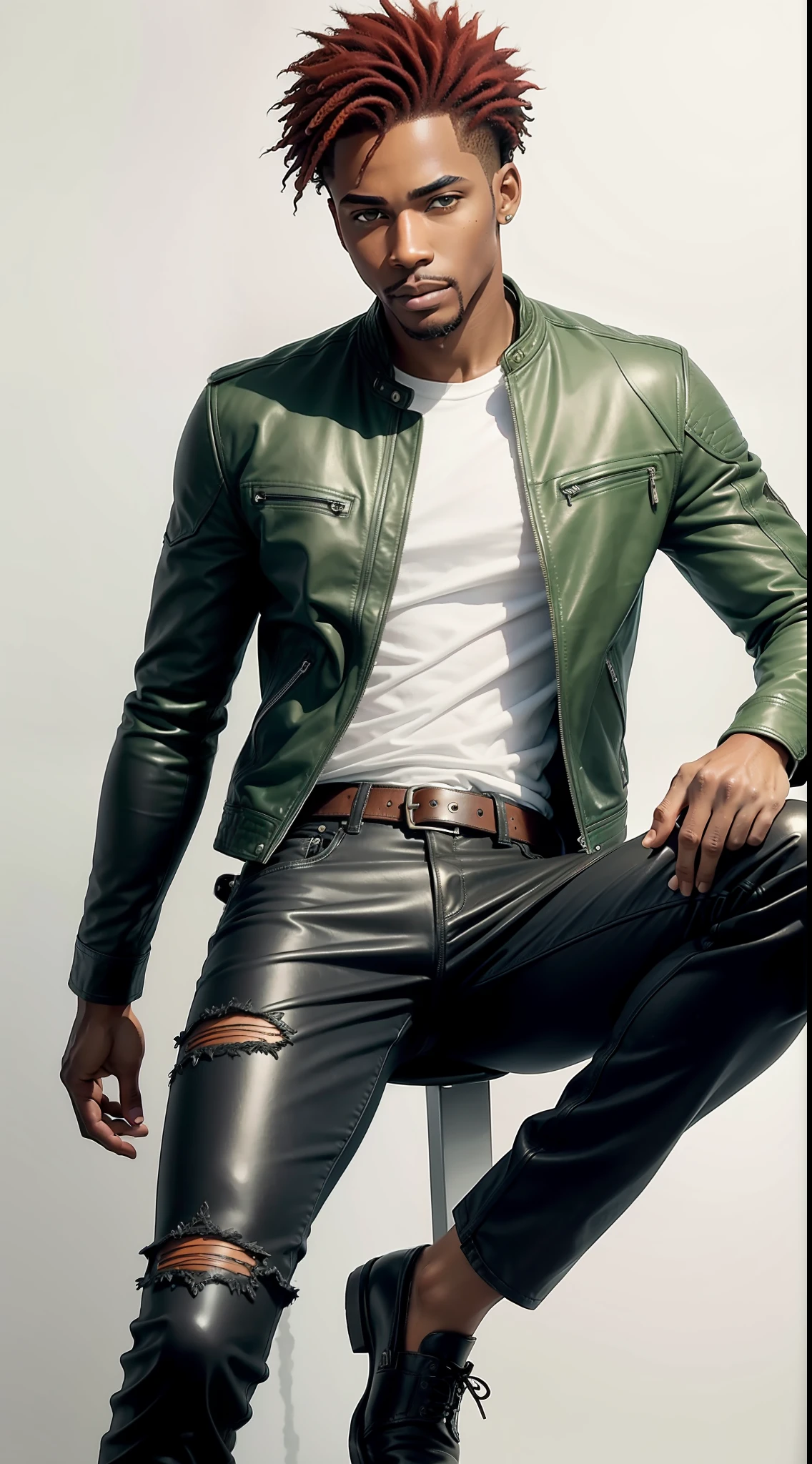 A black man with red hair and light green eyes, wearing a leather jacket, jeans and dress shoes, with scattered contours and white background, intricate details, low key, watercolor, splash