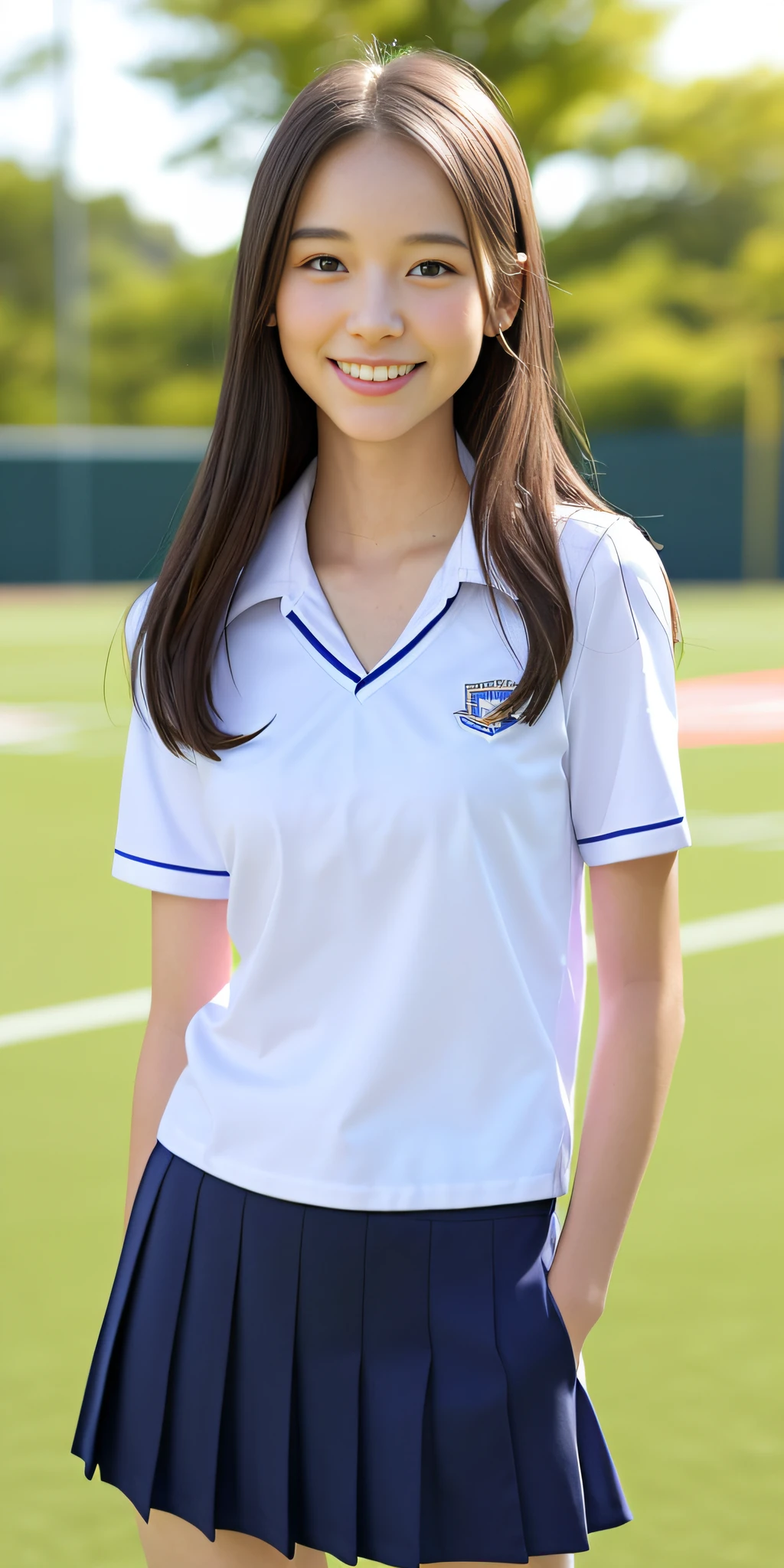 neat college girl, petite, (school uniform, Y-shirt, summer clothes), outside the athletic field, (slim), photorealistic, detail, skin texture, ultra detail, delicate and sexy collarbone, smile, super detailed face, detailed lips, detailed eyes, double eyelids, small breasts, small breasts, small, flat breasts, breast enhancement