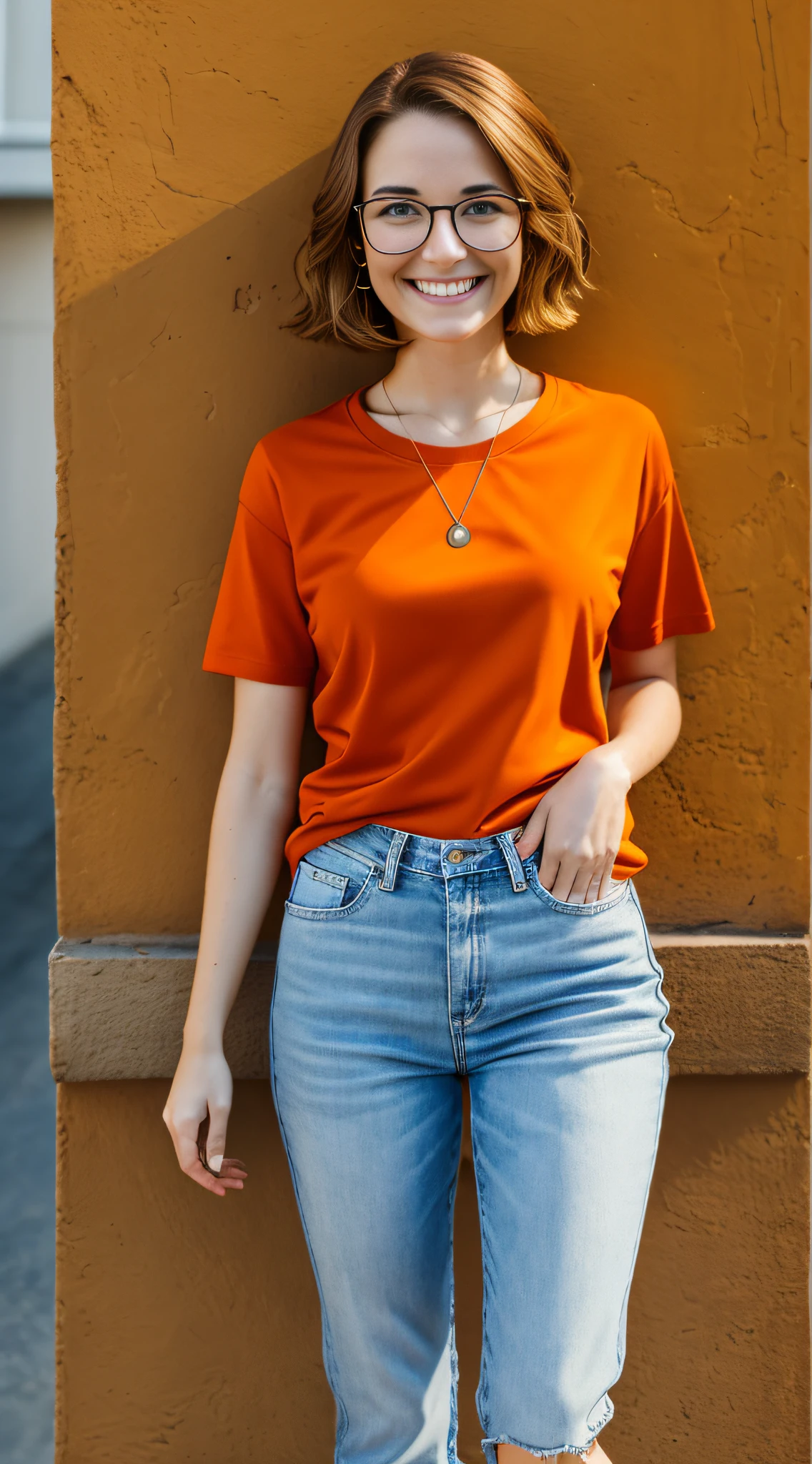 a 27-year-old female character wearing gorgeous orange glasses and smiling wearing a plain orange knit T-shirt, very short and spiky orange brown hair, LEANING AGAINST AN ORANGE WALL, FULL BODY, smiling, cinematic lighting, shallow depth of field, 8k uhd, dslr, 35mm 1.8 lens, masterpiece, high quality, photorealistic, realism, hyperrealism, art photography --auto --s2