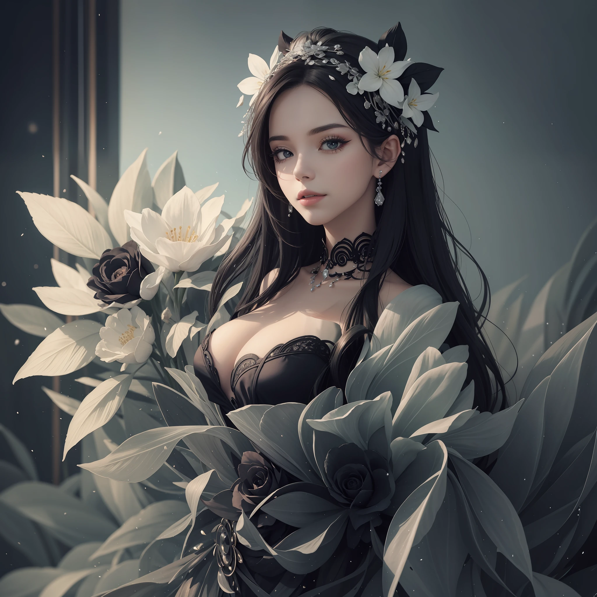 Black, beautiful, Fantasy,elegant lots of flowers --auto --s2