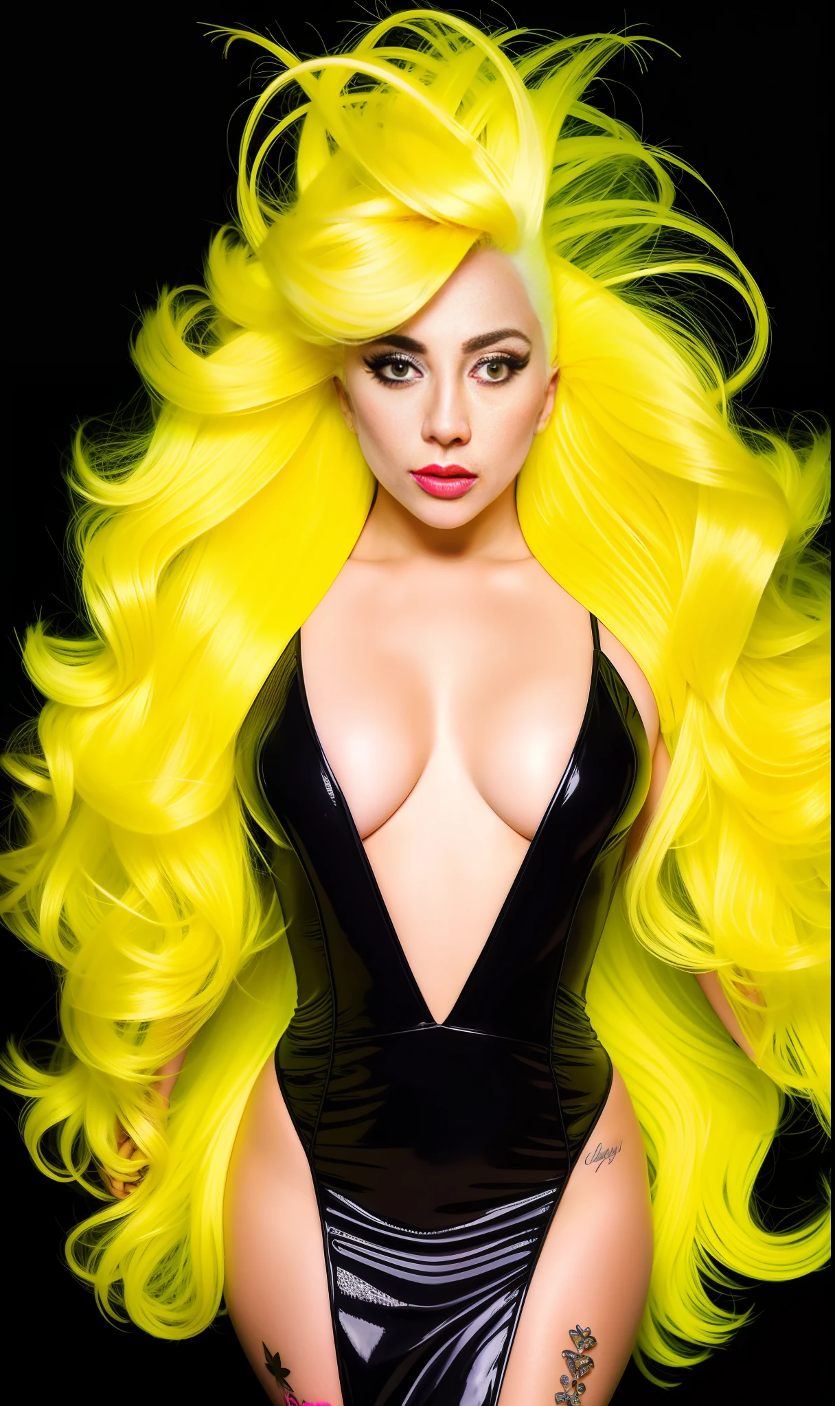 Lady Gaga Photo, 4K Texture, Yellow Dress,Neon,Flamboyant White Hair, 8k Image, Haute Couture, Flashes, High Image Quality,Neon Dress, Realistic Face, Various Body Poses, Full Body, 8k Image, Sharp Image,HD