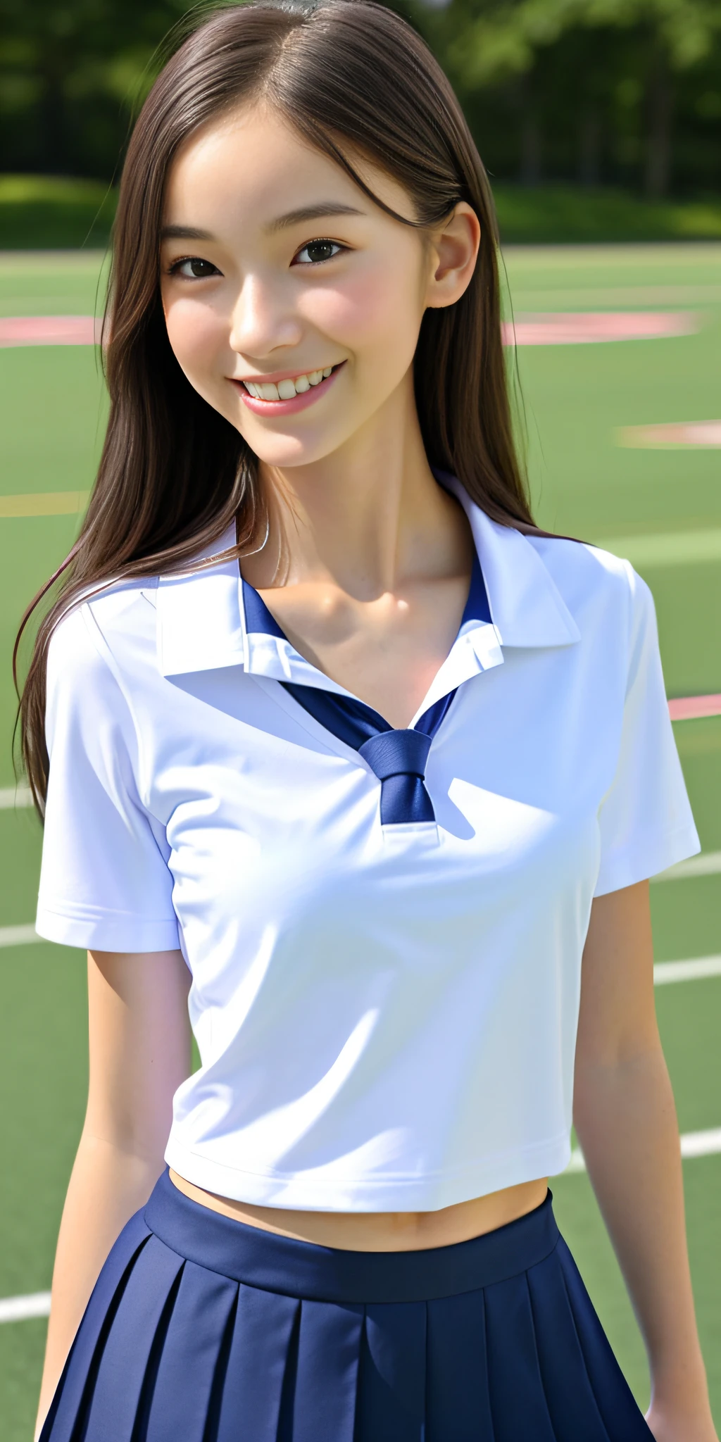 neat college girl, petite, (school uniform, Y-shirt, summer clothes), outside the athletic field, (slim), photorealistic, detail, skin texture, ultra detail, delicate and sexy collarbone, smile, super detailed face, detailed lips, detailed eyes, double eyelids, small breasts, small breasts, small, flat breasts, breast enhancement