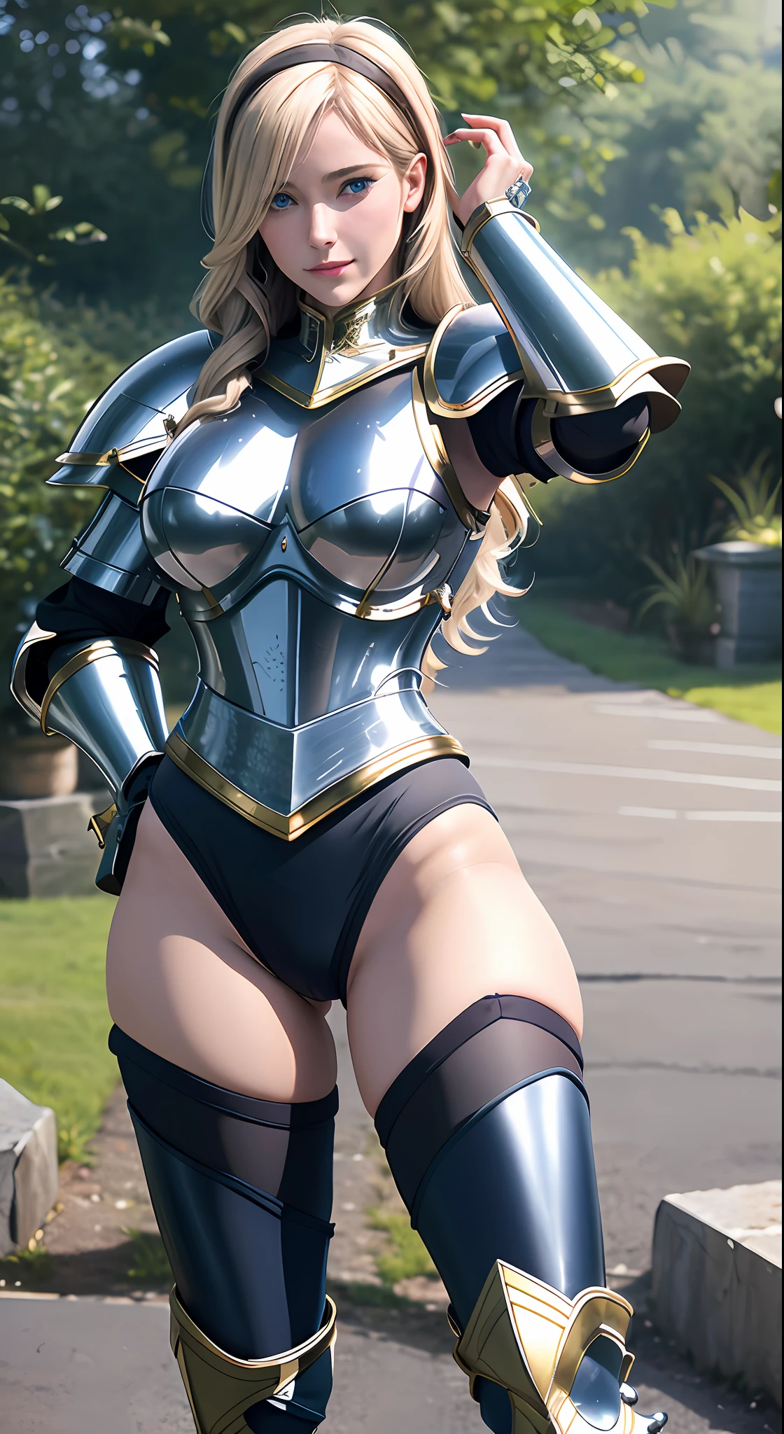 celia\(walkure\), celia\(armor\),1girl, mature female, solo, blue eyes, black thighhighs, high heels, cameltoe, armpits, armor, breastplate, flag, outdoors, best quality, highest quality, ultra-detailed, masterpiece, illustration:1.5, ultra detailed background,
