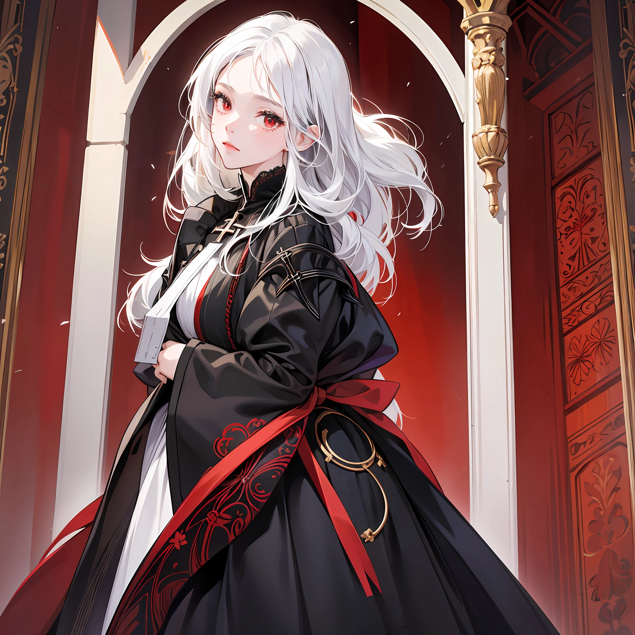 A girl dressed in a black French court-style dress, with white hair, red eyes, now under a huge cross, prays --auto --s2