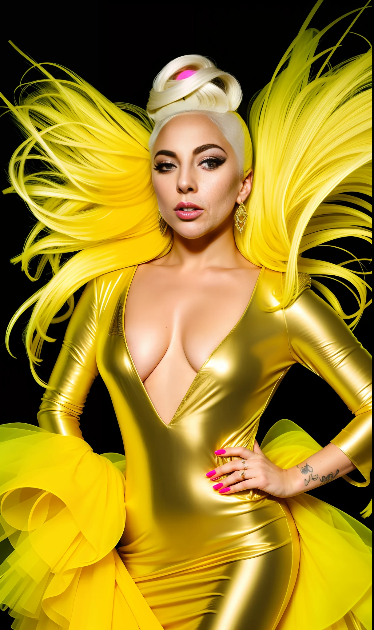 Lady Gaga Photo, 4K Texture, Golden Dress,Neon,Flamboyant White Hair, 8k Picture, Haute Couture, Flashes, High Image Quality,Neon Dress, Realistic Face, Various Body Poses, Full Body, 8k Image, Sharp Image,HD