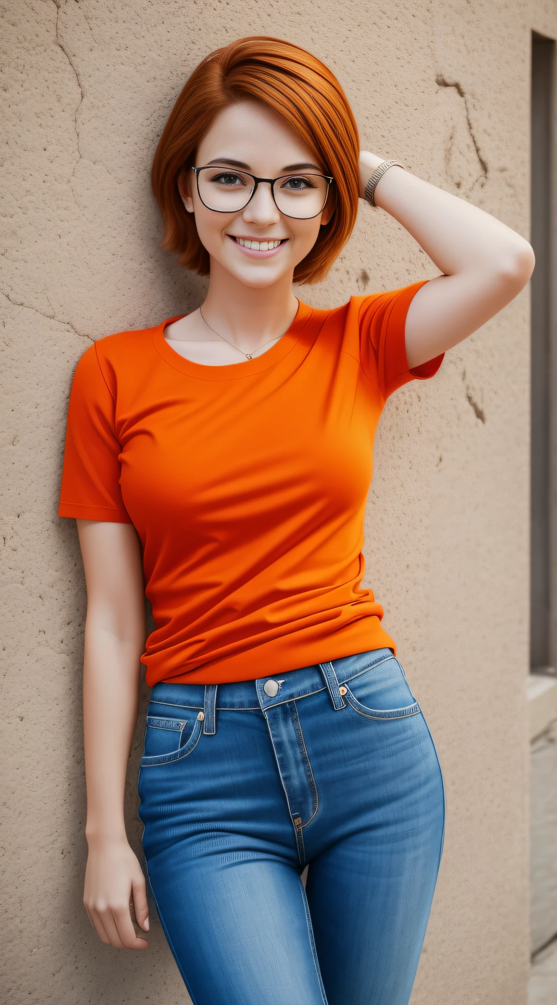 a 27-year-old female character wearing gorgeous orange glasses and smiling wearing a plain orange knit T-shirt, very short and spiky orange brown hair, LEANING AGAINST AN ORANGE WALL, FULL BODY, smiling, cinematic lighting, shallow depth of field, 8k uhd, dslr, 35mm 1.8 lens, masterpiece, high quality, photorealistic, realism, hyperrealism, art photography --auto --s2