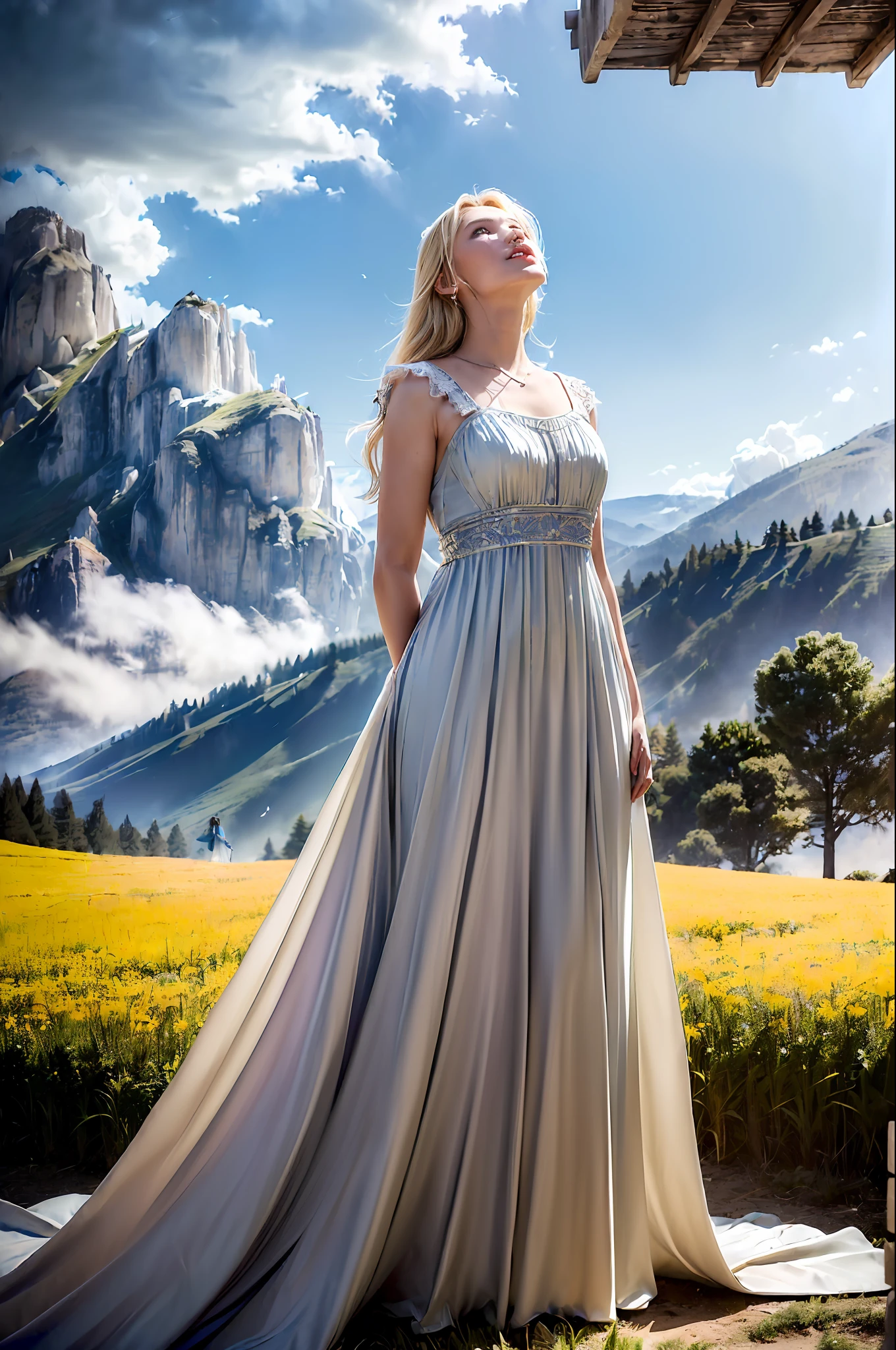 ((((Woman in long dress looking up at the sky)))) (realistic:1.3), finely detailed, quality, lighting rembrandt, (masterpiece:1.2), (photorealistic:1.2), (best quality), (detailed skin:1.3), (intricate details), dramatic, ray tracing, 1girl, white american girl, blonde hair, 21 years, medium breasts, (Meadow, Sun, Clouds, Field, Agriculture, Starlight, Hiking Trail)