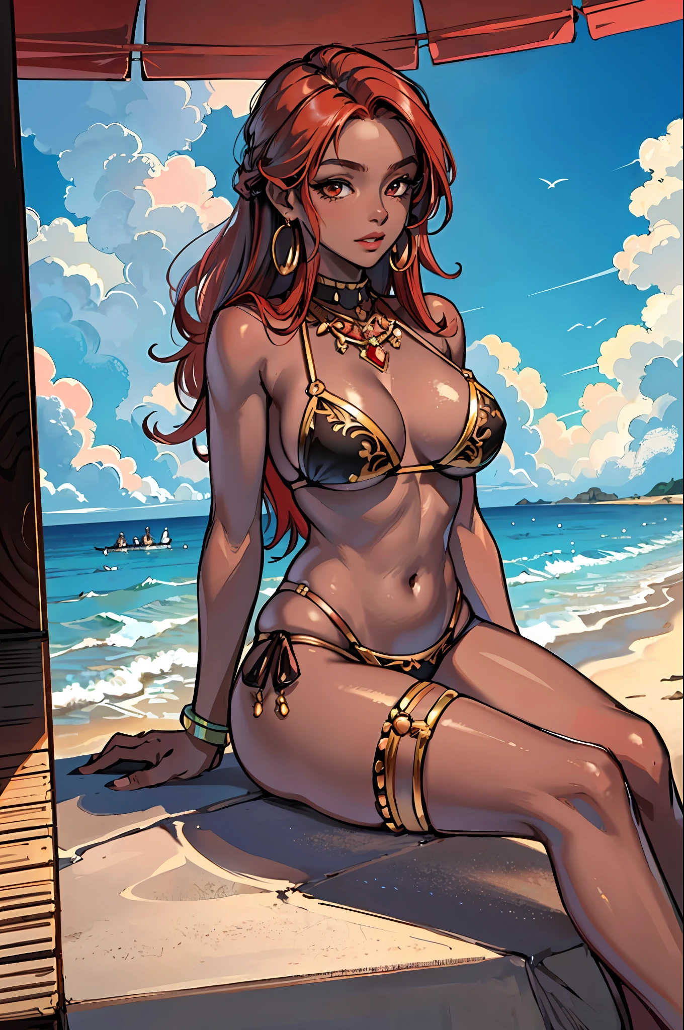 (masterpiece:1.2, best quality), (real picture, intricate details), 1lady, solo, uppqr body,  mini bikini, (darkskin:1.15), beach, (red hair, longhair), round earrings,