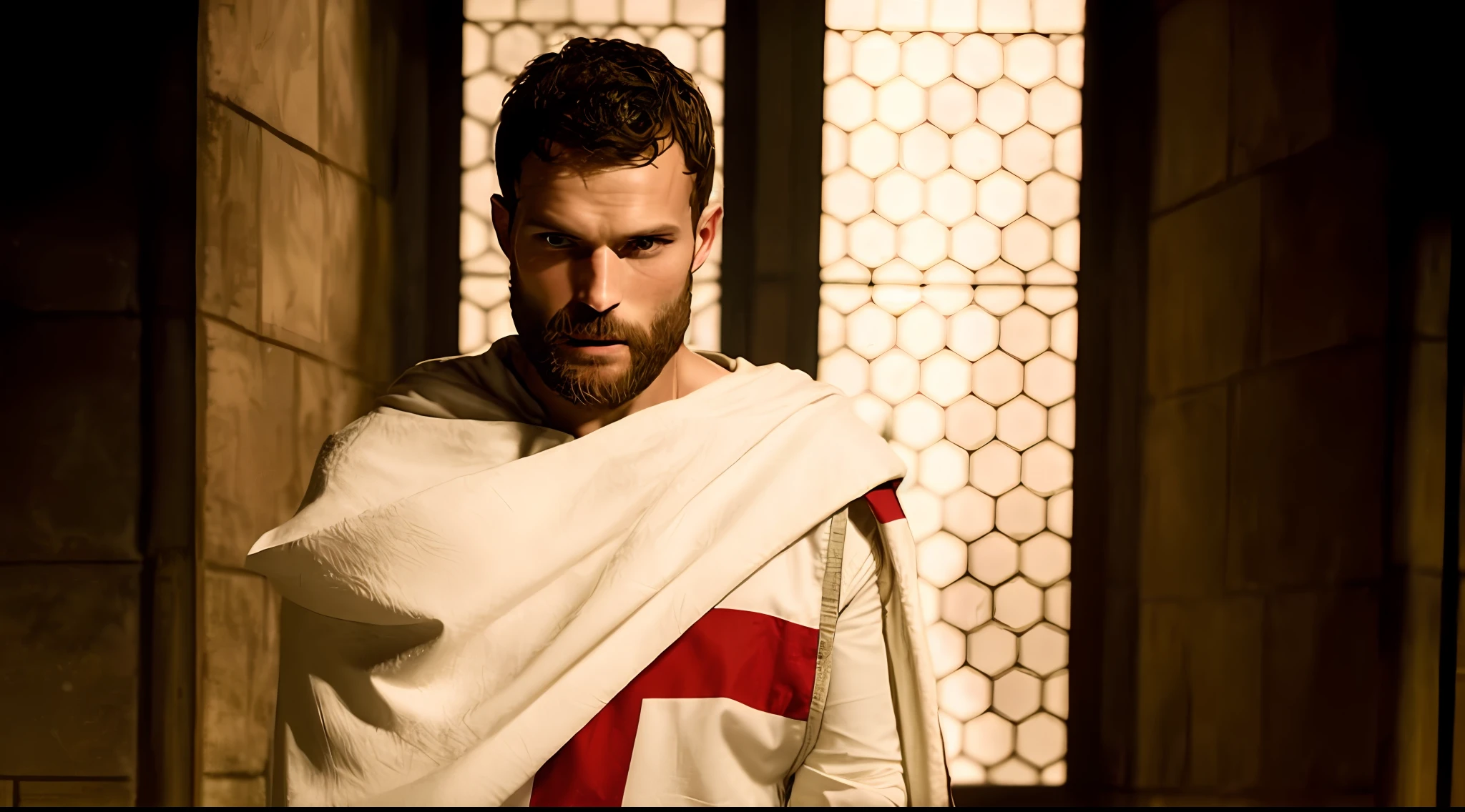 Create a Templar, Knightfall series, wearing white tunic with red cross, dark beard, similar to actor Jamie Dornan, super detail-oriented, realistic, Jamie Dornan, Templar, blue eyes, cinematic style, Knightfall, 8k resolution, best quality, close up.