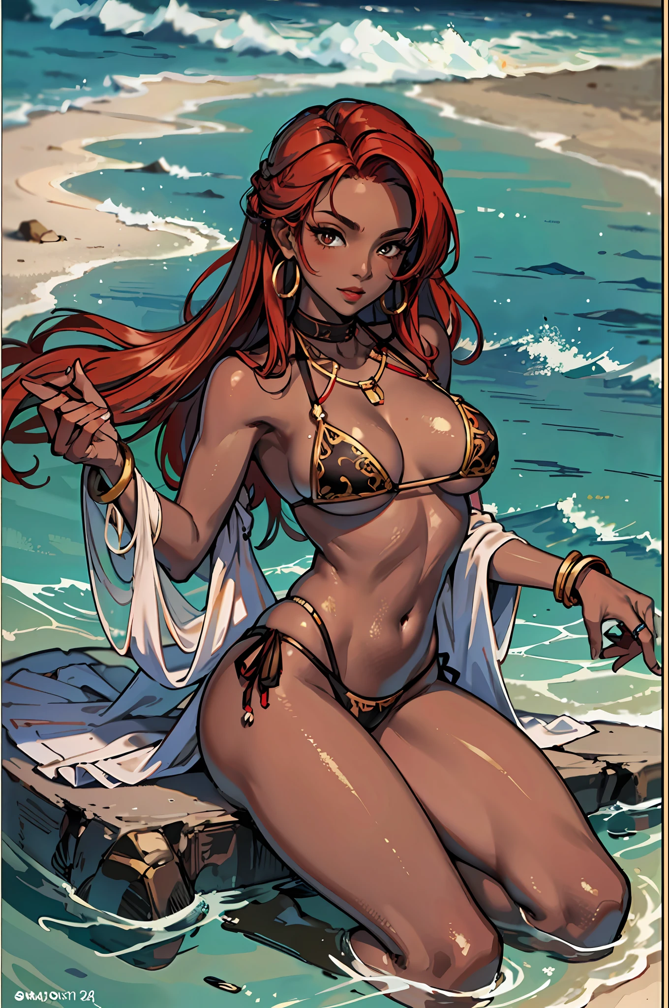 (masterpiece:1.2, best quality), (real picture, intricate details), 1lady, solo, uppqr body, mini bikini, (darkskin:1.15), beach, (red hair, longhair), round earrings,